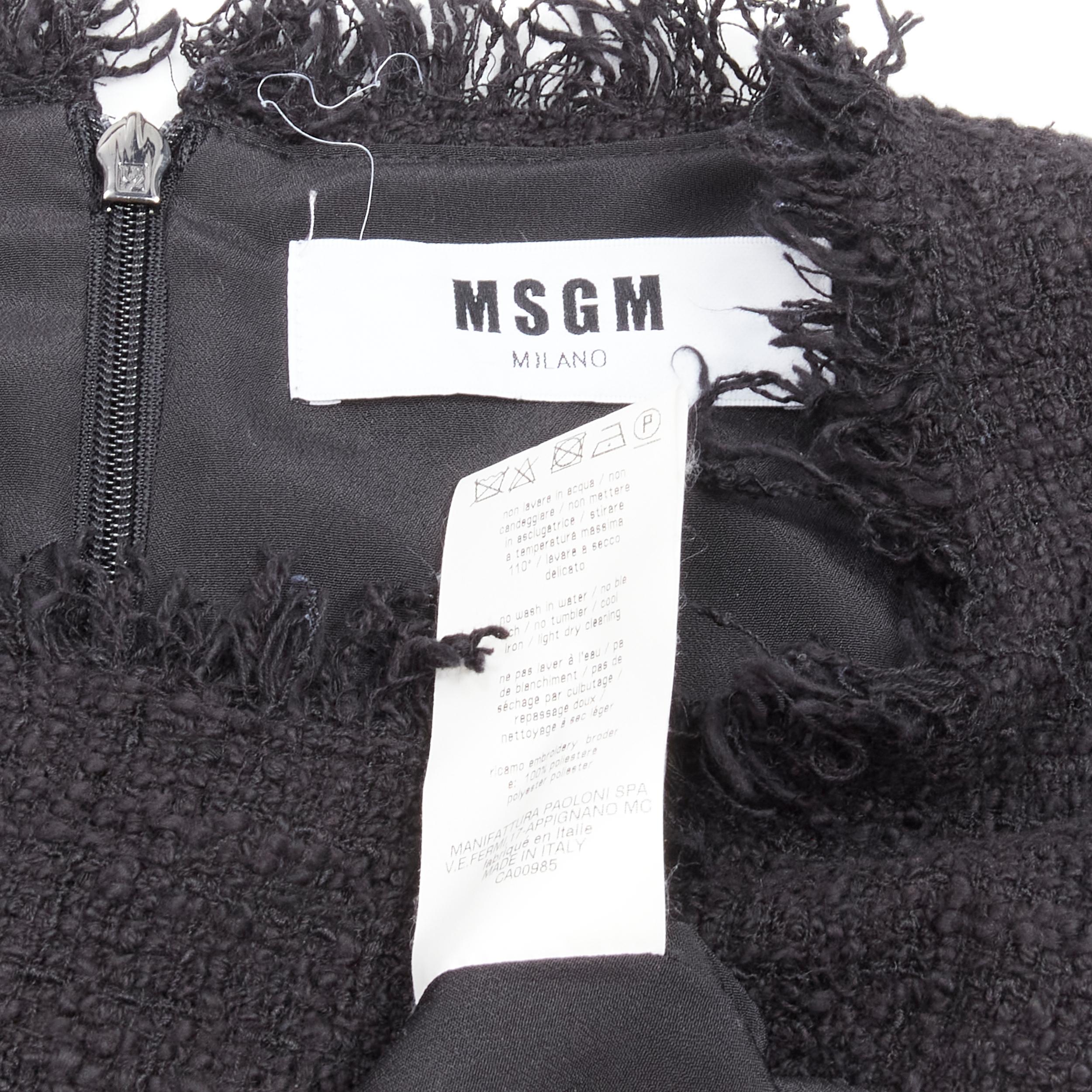 MSGM tweed ethnic bird embroidery fringe hem little black dress IT40 S For Sale 2