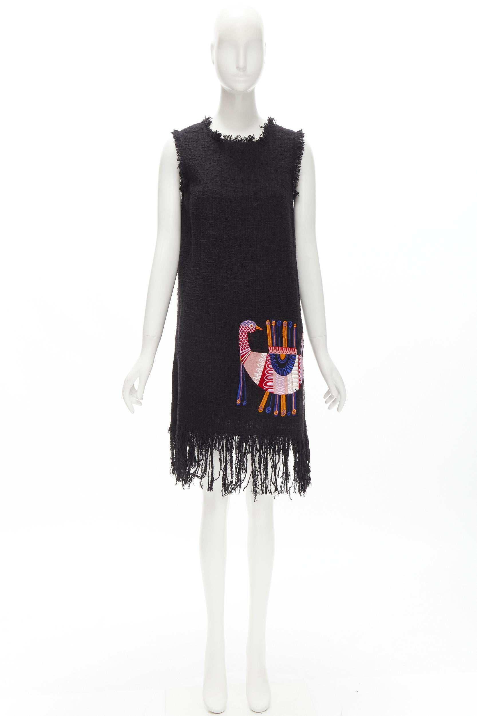 MSGM tweed ethnic bird embroidery fringe hem little black dress IT40 S For Sale 3