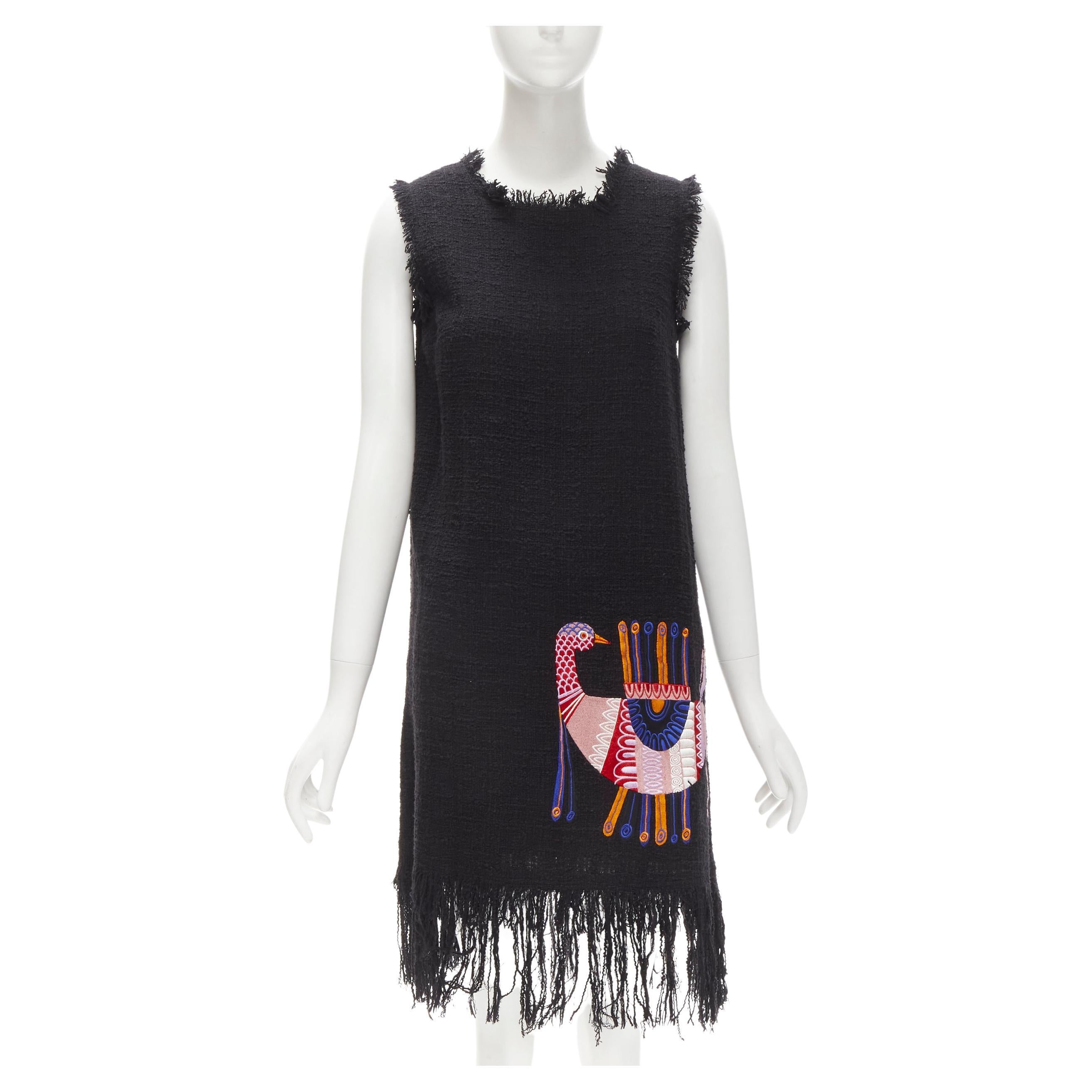 MSGM tweed ethnic bird embroidery fringe hem little black dress IT40 S For Sale