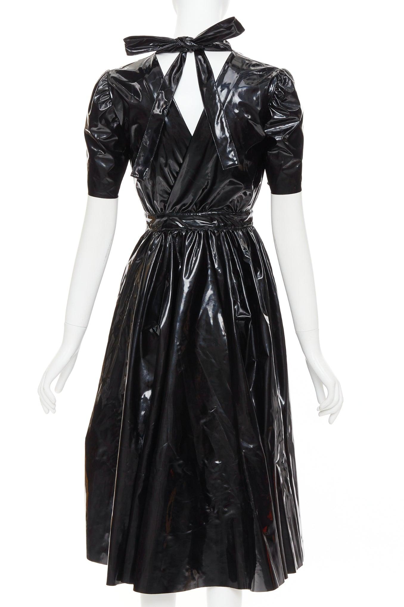 De las mujeres MSGM Vinyl Midi Nero negro PVC manga corta espalda lazo vestido midi IT38 XS en venta