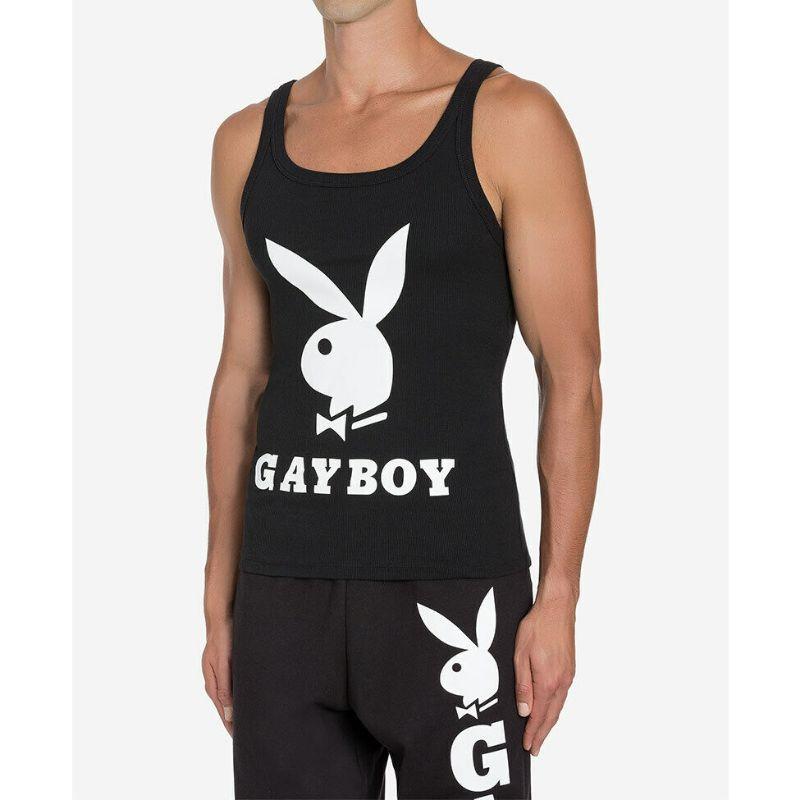 MSRP AW19 Moschino Couture Jeremy Scott Playboy Gayboy Black Slim Tank Top In New Condition For Sale In Matthews, NC