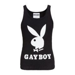 MSRP AW19 Moschino Couture Jeremy Scott Playboy Gayboy Schwarzes schlankes Tank-Top