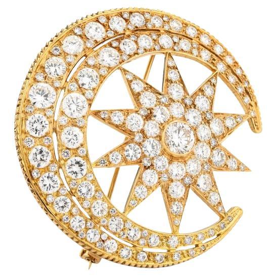 MASSIVE OVER 12 cts Halfmoon Star  Diamond Gold Brooch