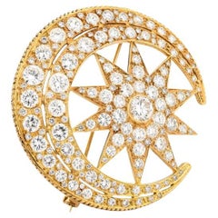 MASSIVE OVER 12 cts Halfmoon Star  Diamond Gold Brooch