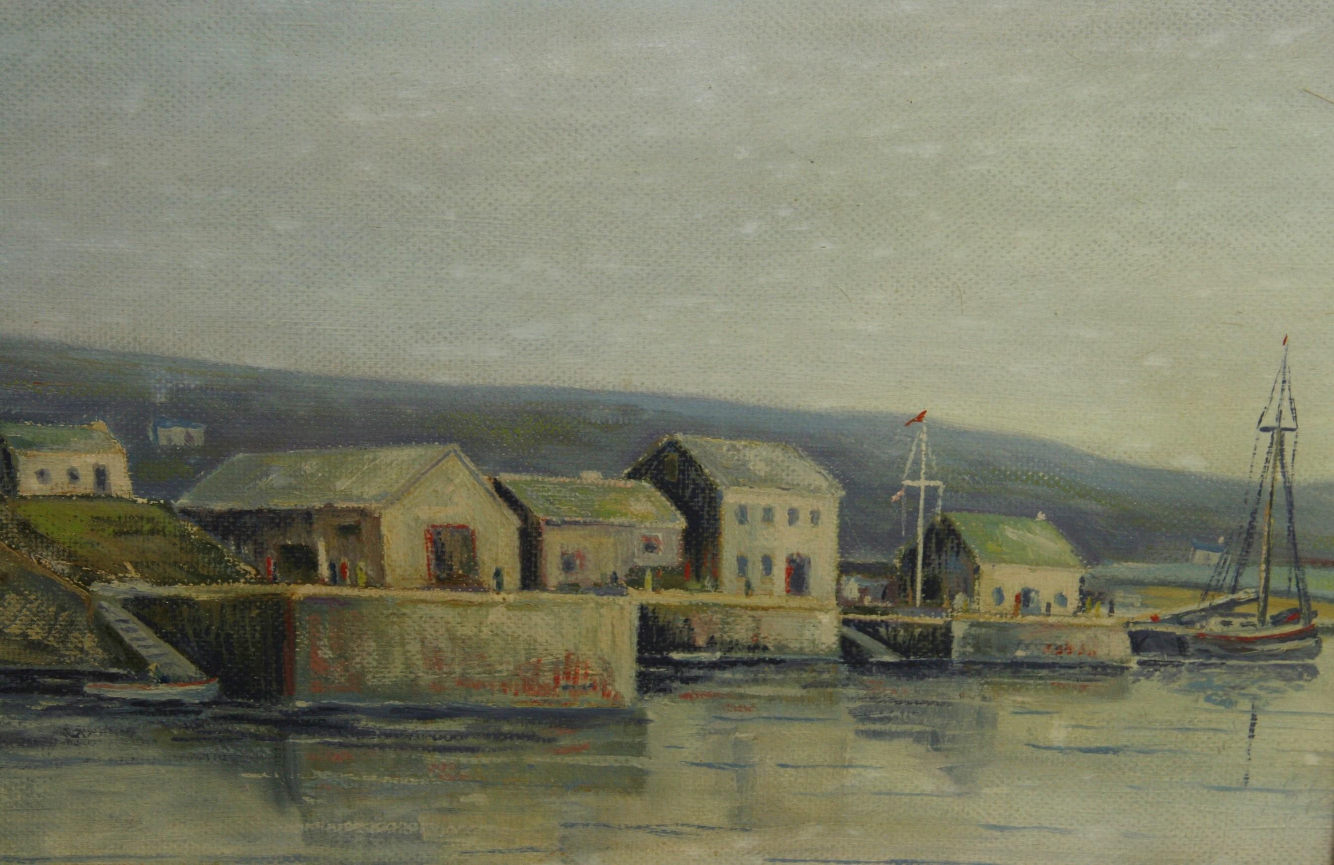 Antique American Pacific Coast Maritime  Village Seascape by M. Stiefel 1940 - Painting by M.Stiefel