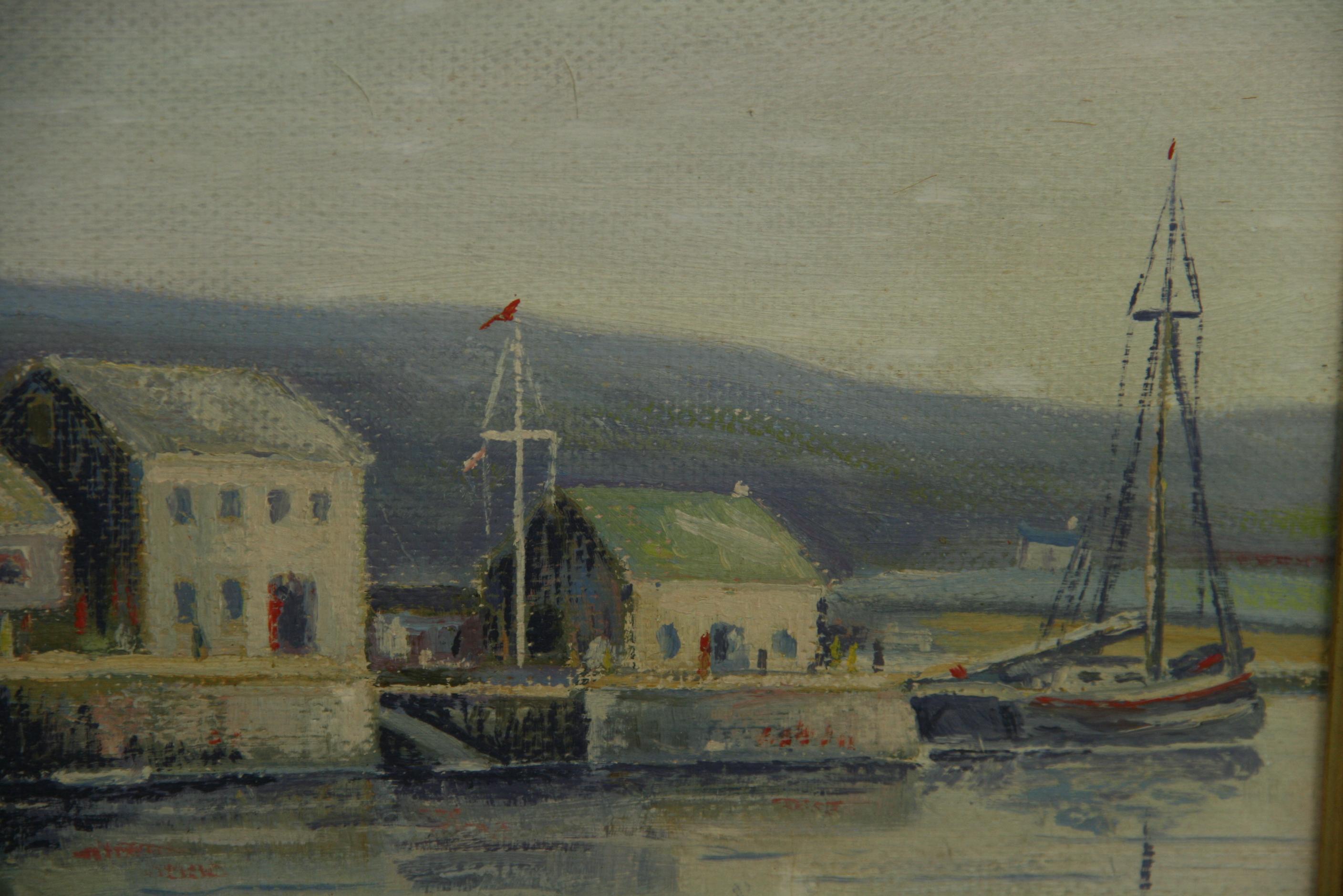#5-3453 A marine village seascape painting,oil on artist board displayed in a wood frame.Signed lower left by M.Stiefel