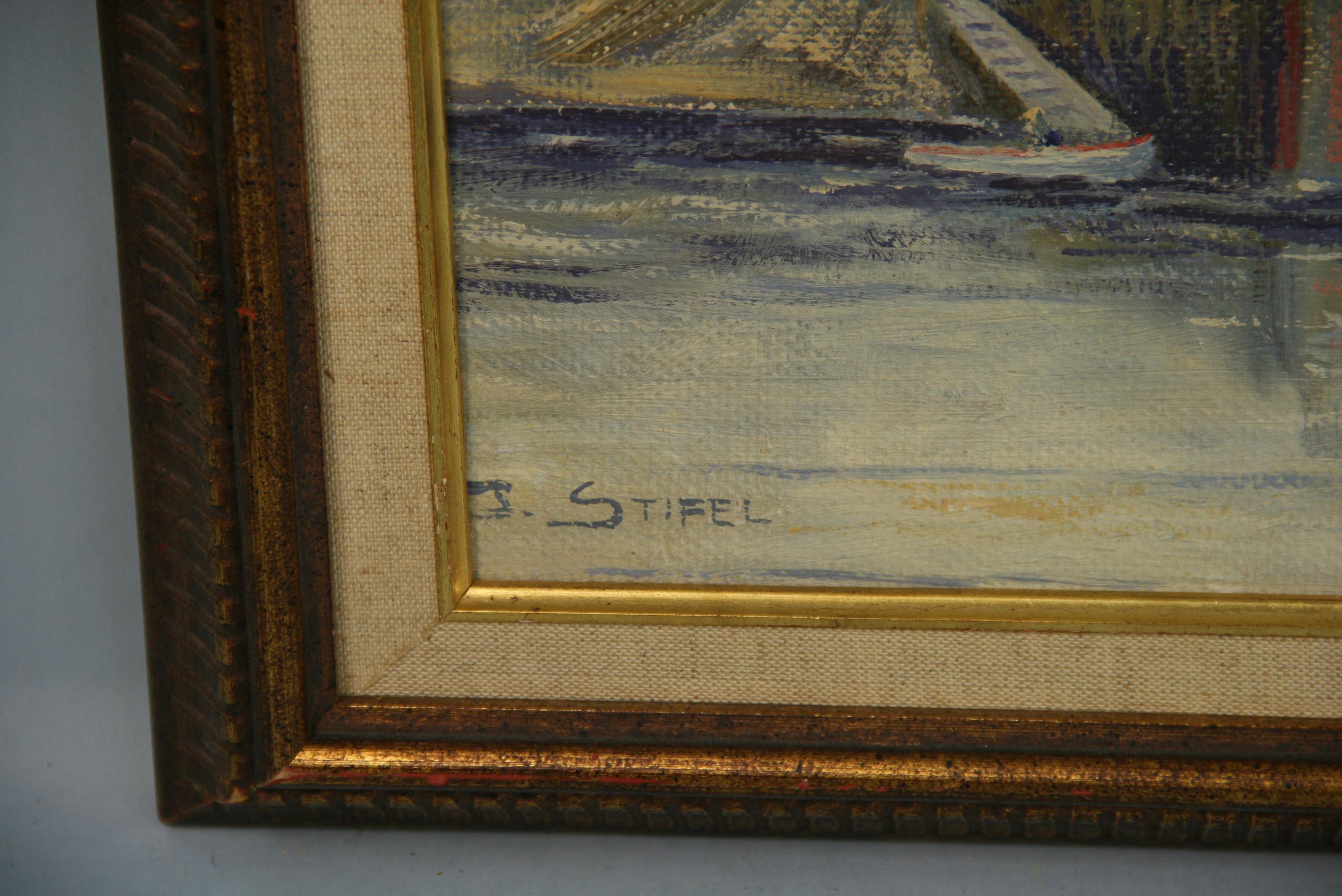 Antique American Pacific Coast Maritime  Village Seascape by M. Stiefel 1940 For Sale 1