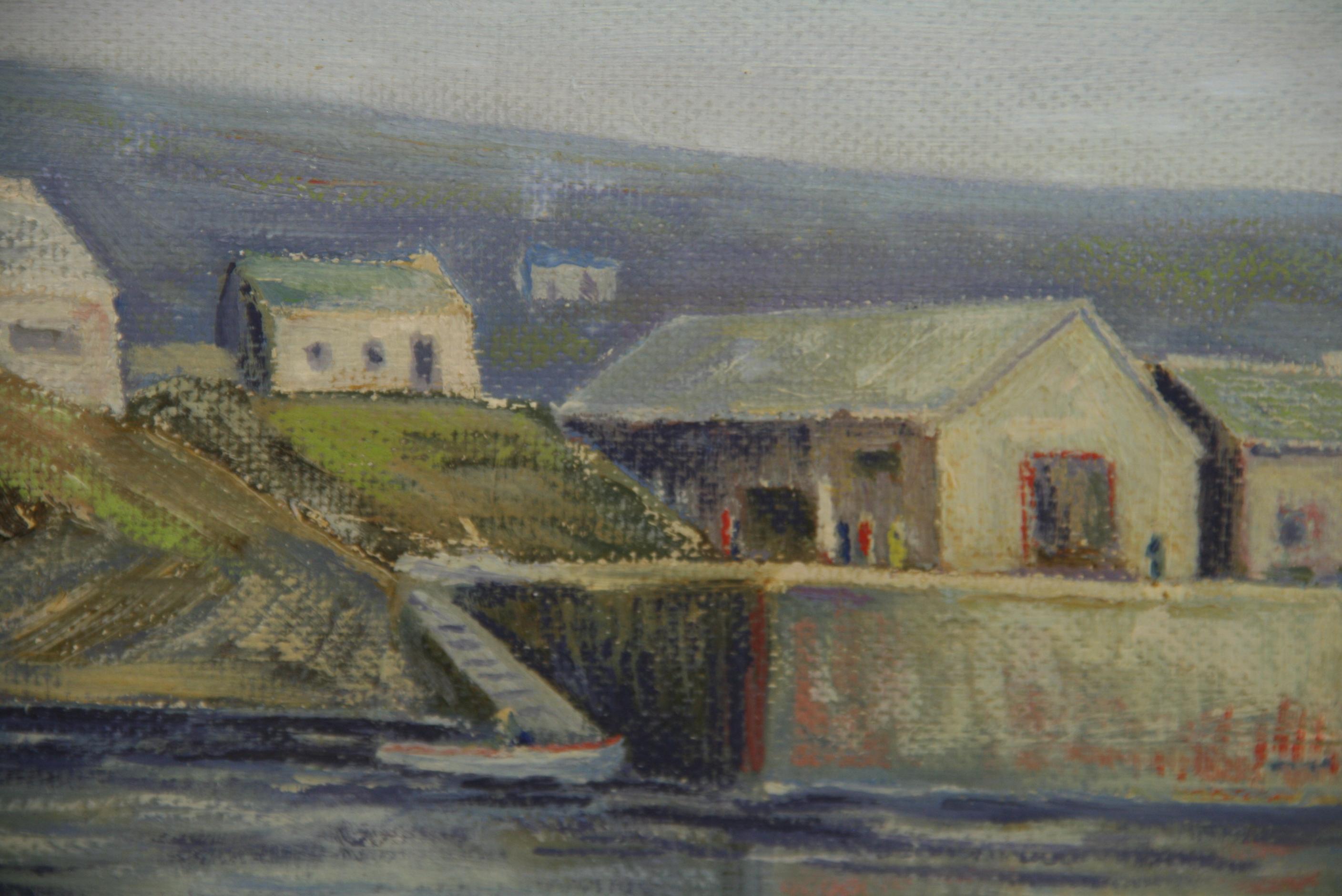 Antique American Pacific Coast Maritime  Village Seascape by M. Stiefel 1940 For Sale 2