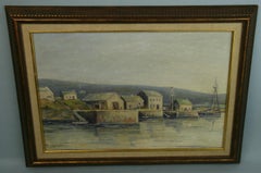 Antique American Pacific Coast Maritime  Village Seascape by M. Stiefel 1940