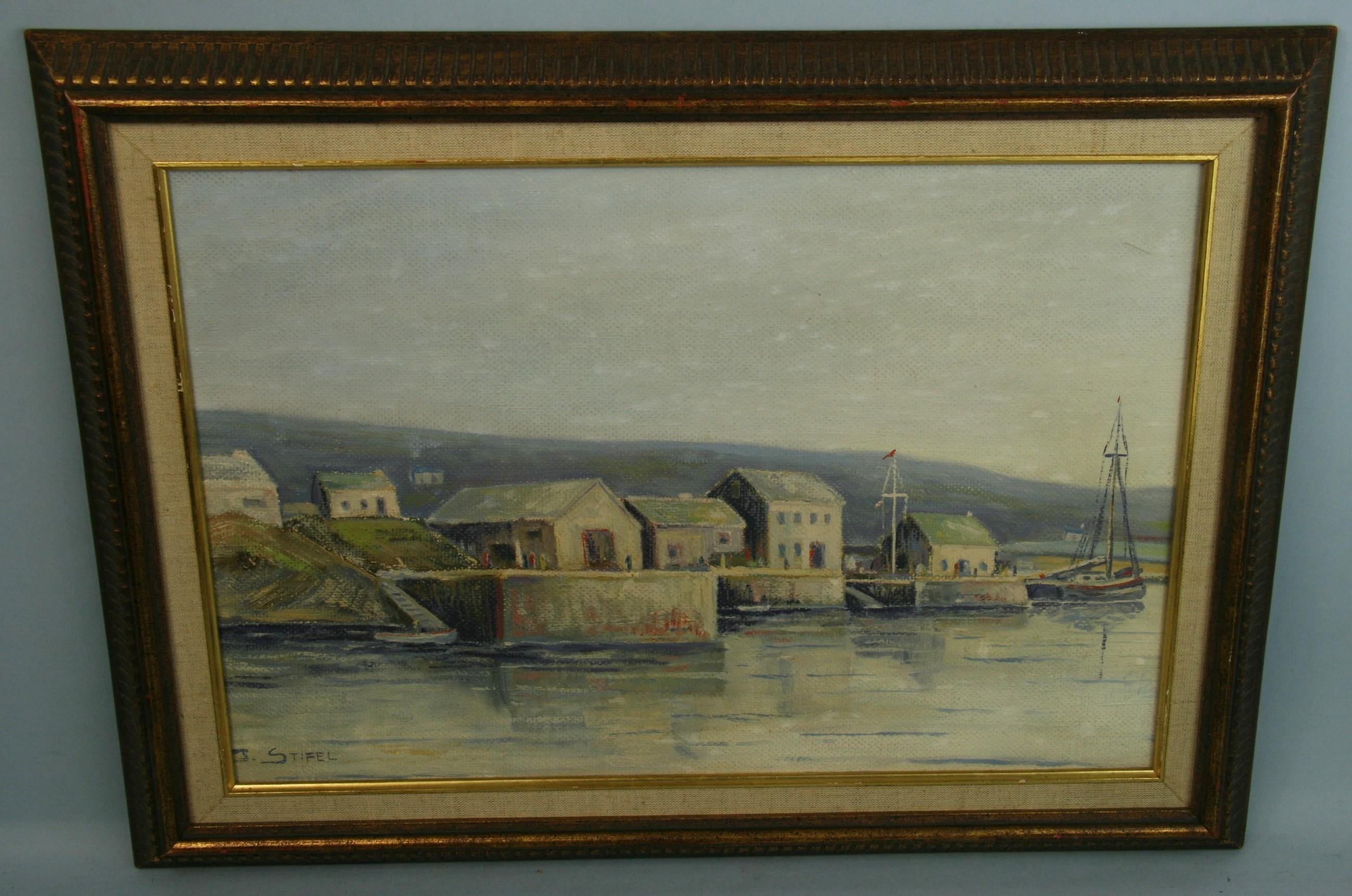 Antique American Pacific Coast  Village Landscape by M. Stiefel 1940 - Painting by M.Stiefel