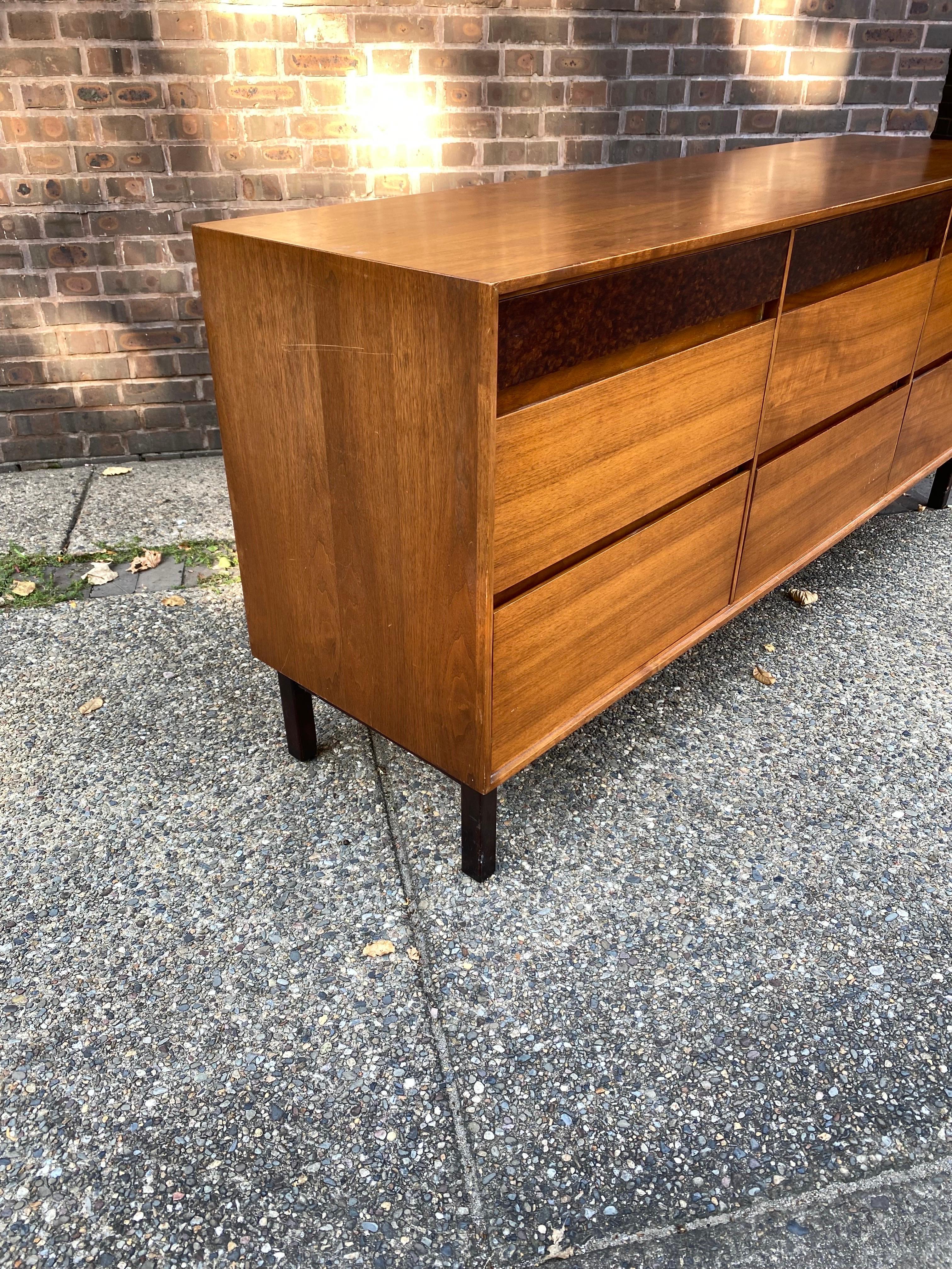 Mount Airy Furniture Company 9 Drawer Dresser.  Dark Burled Fronts to top three Drawers.  Handsome and extremely well-made Dresser.  Matching Desk and Nightstand Available in separate listings.  Original Finish looks very good with just minimal wear.