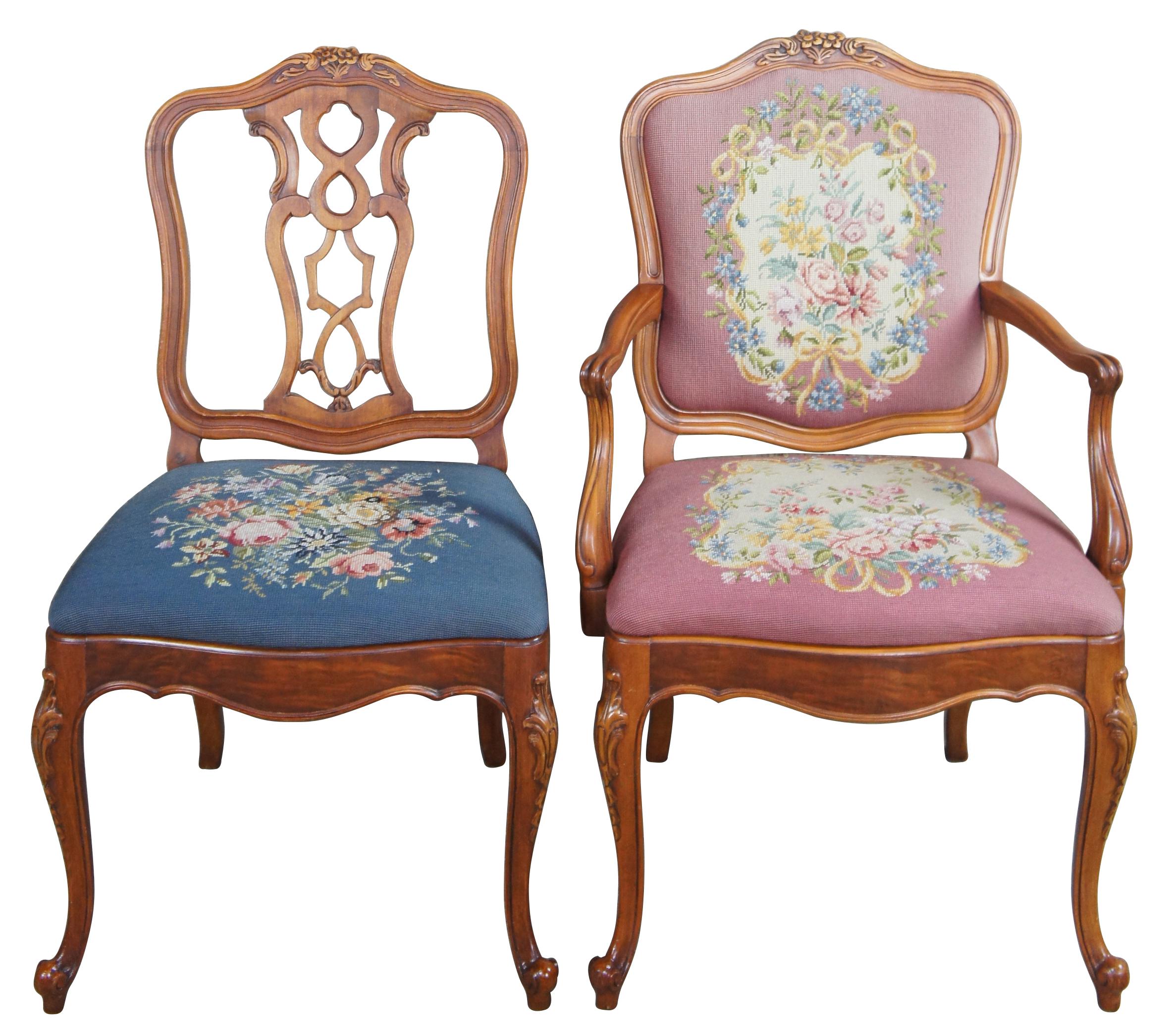 Mount Airy needlepoint dining chairs, circa 1940s. Made from walnut with open pierced splat, carved accents, cabriole legs and needlepoint seats. Mount Airy of North Carolina's roots go back to 1888 when the lumber and woodworking industry was