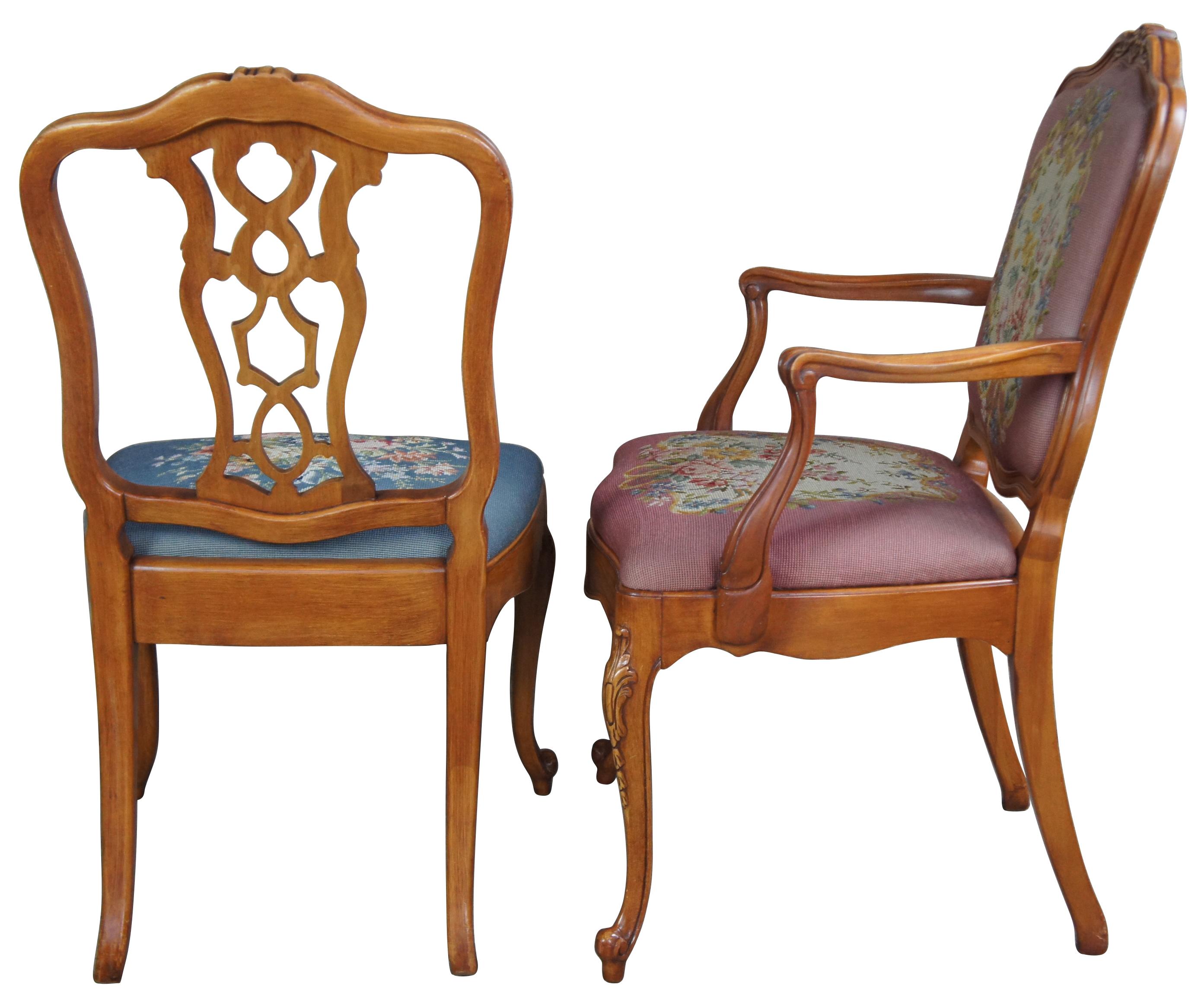 Mt Airy Crotch Walnut French Provincial Louis XV Needlepoint Dining Chairs In Good Condition In Dayton, OH