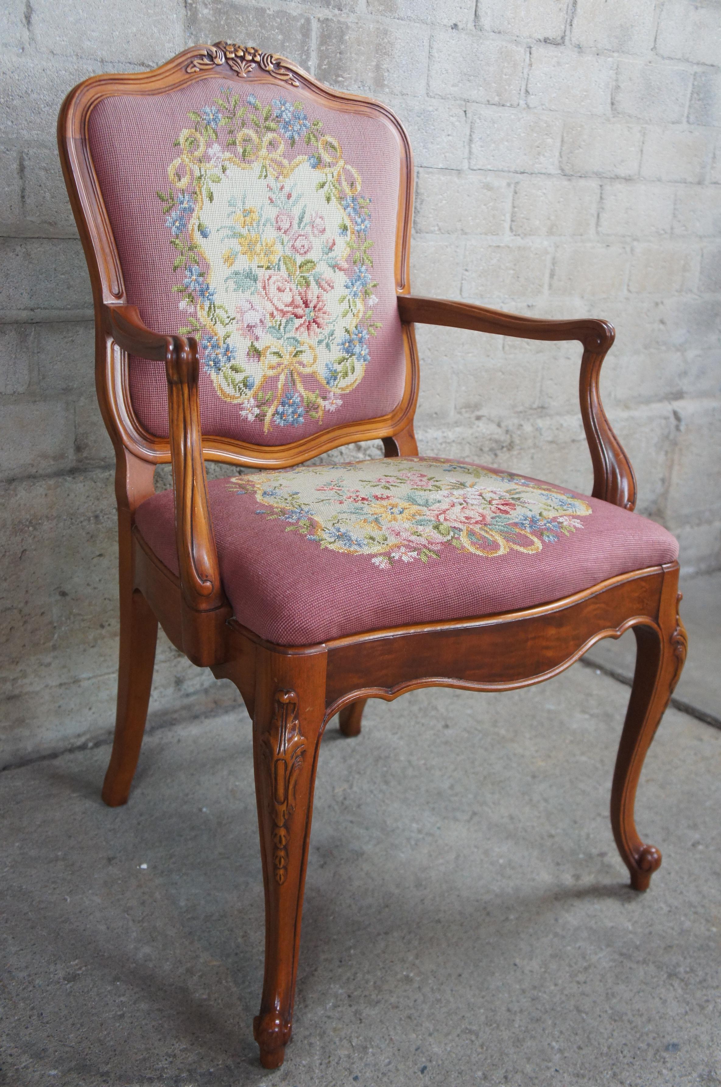 Mid-20th Century Mt Airy Crotch Walnut French Provincial Louis XV Needlepoint Dining Chairs