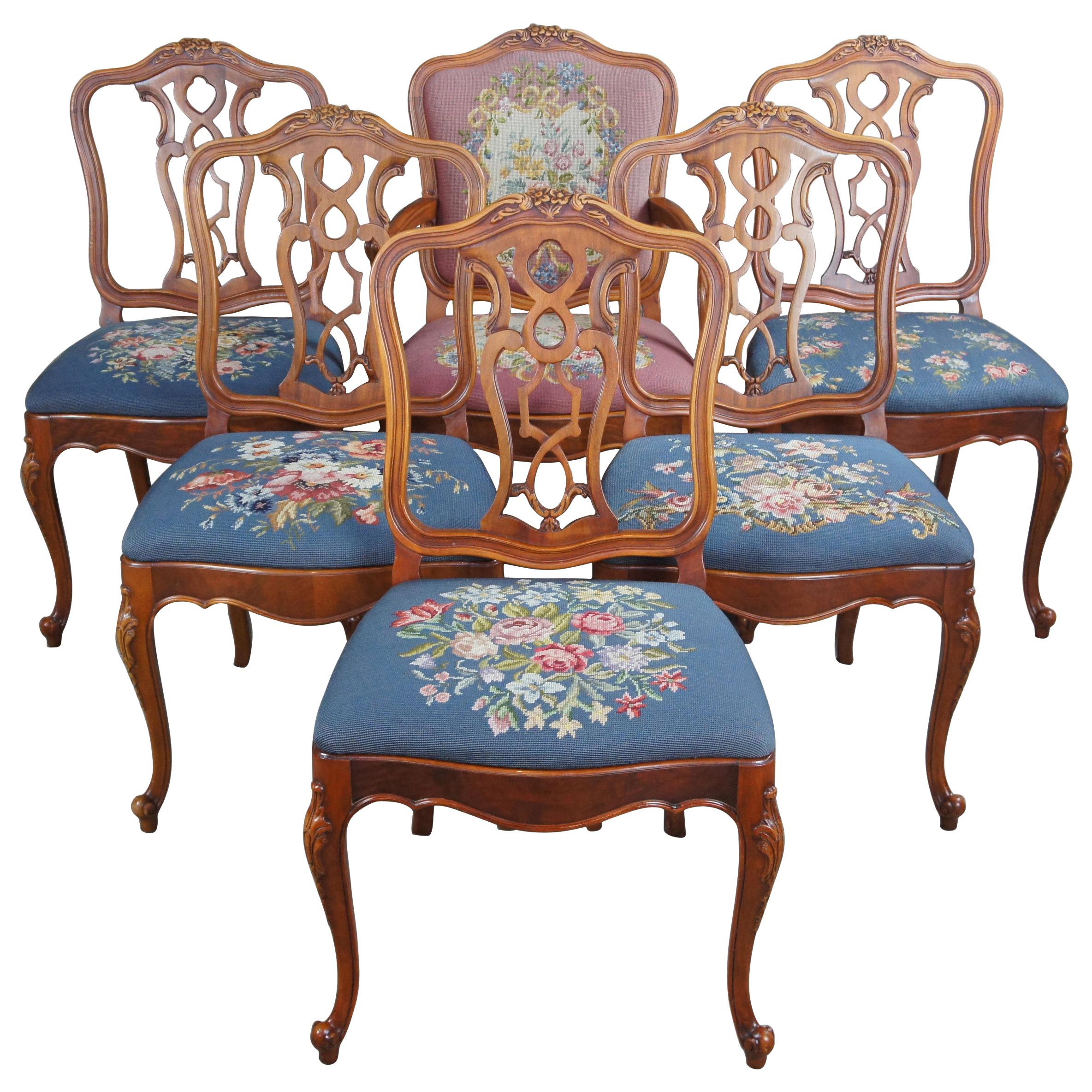 Mt Airy Crotch Walnut French Provincial Louis XV Needlepoint Dining Chairs