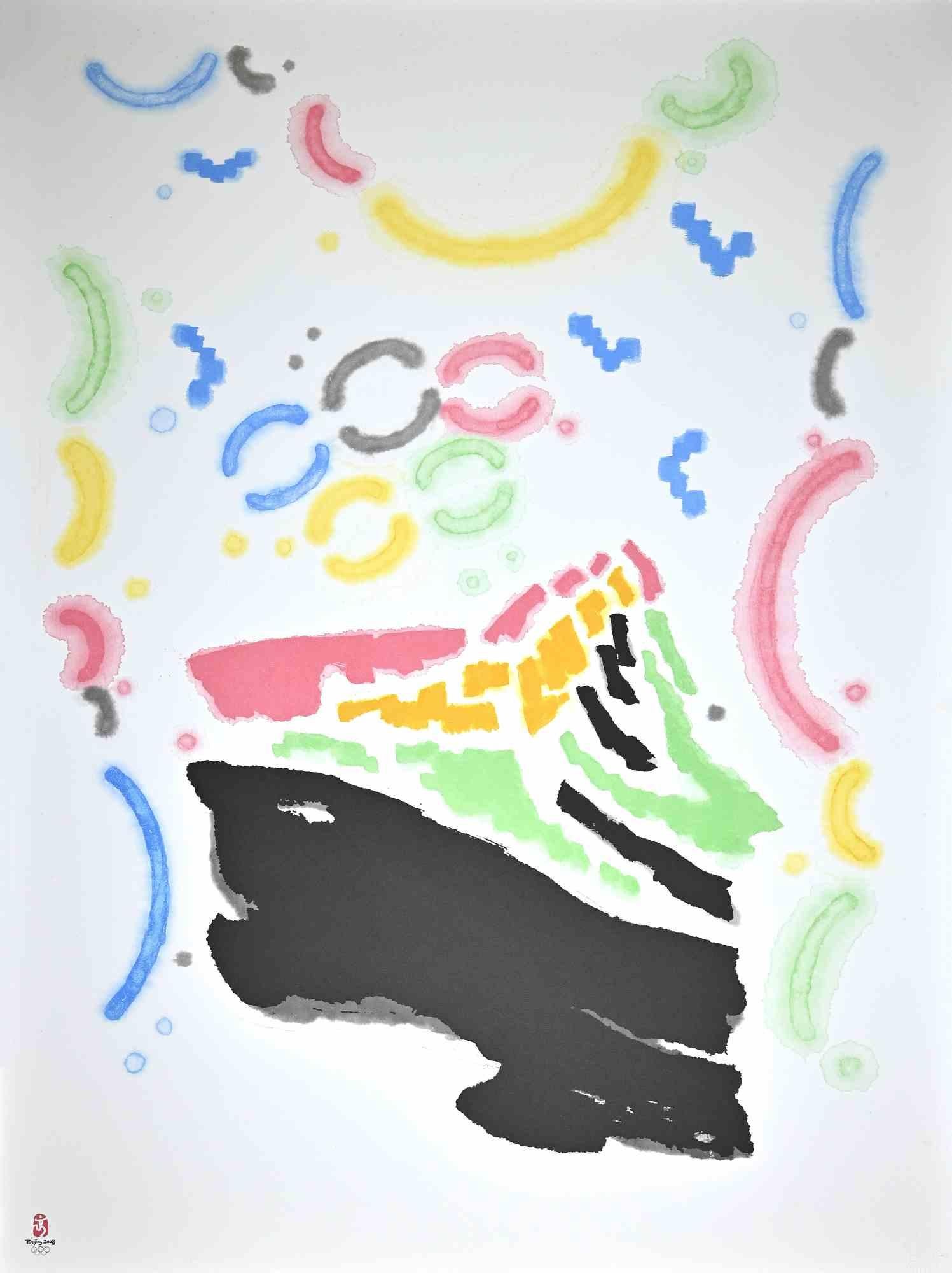 Die Glückswolke ist eine Original-Lithografie von Mu Liu. Dieses Kunstwerk stammt aus dem Portfolio The Unique Collection for the Olympic Fine Arts 2008, das während der Olympischen Spiele präsentiert und in 260 Exemplaren als einziges offizielles