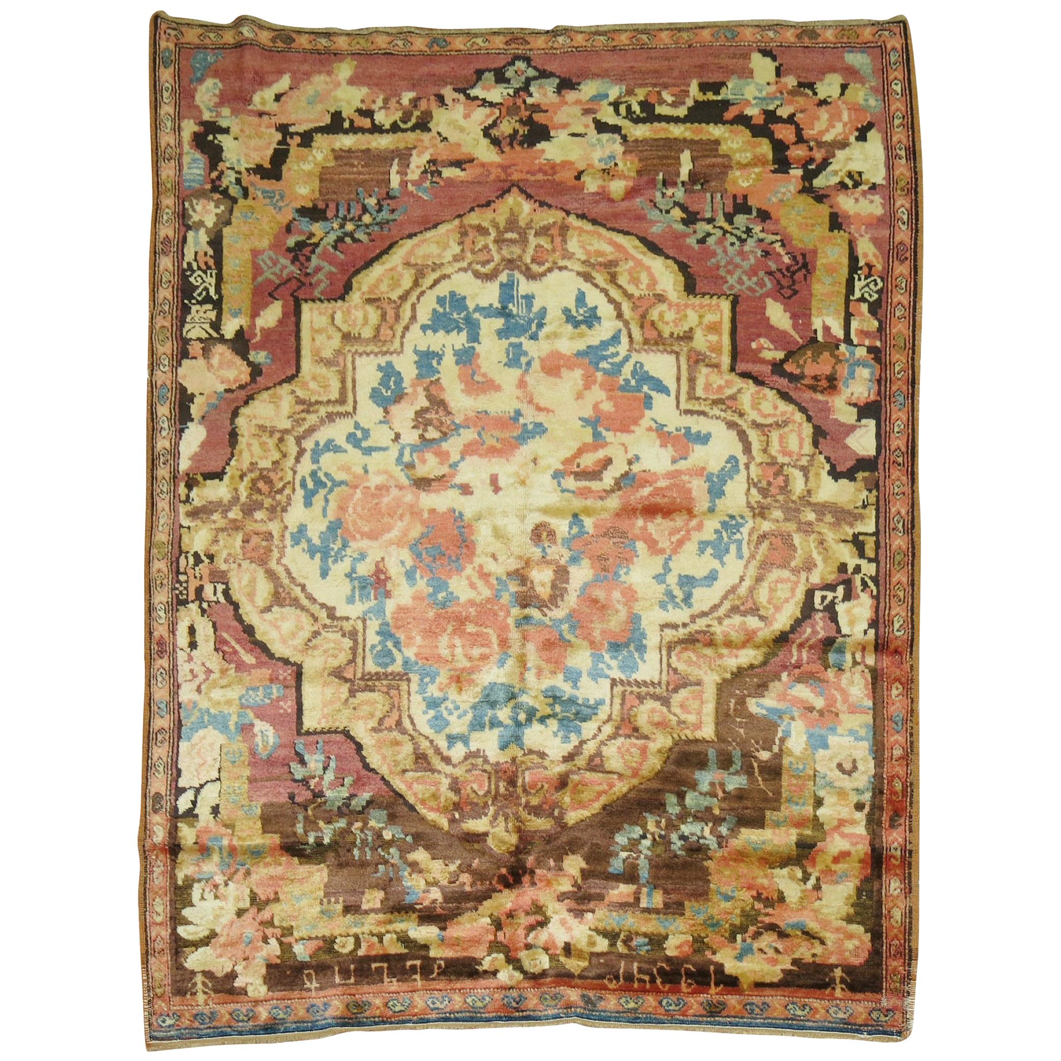 Muave Brown Handwoven Antique Armenian Floral Karabagh Rug Dated 1934 For Sale