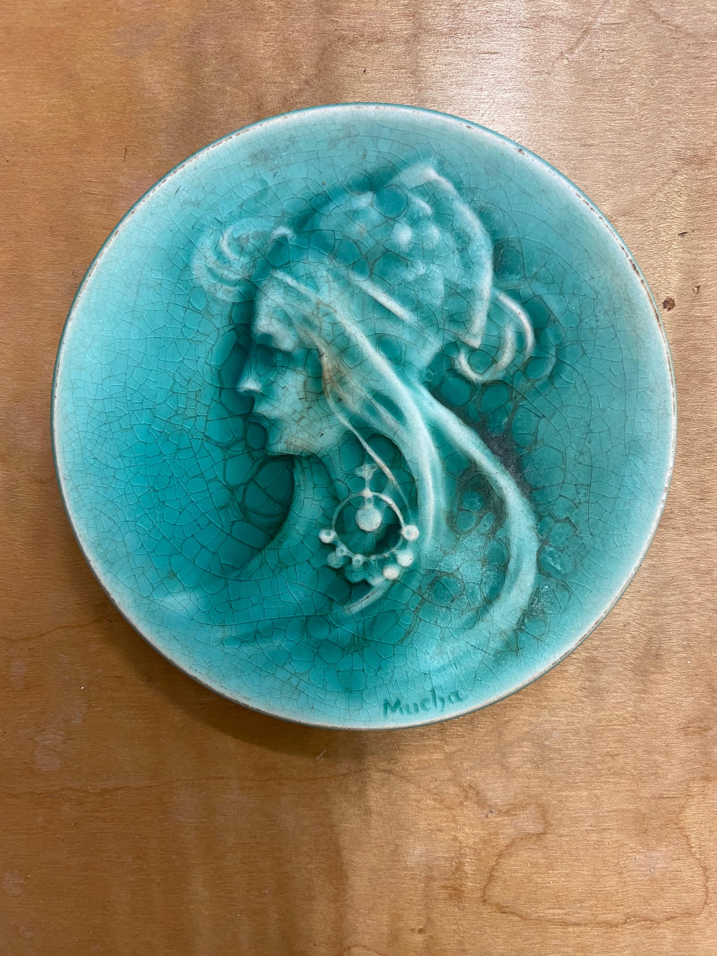Mucha, Art Nouveau ceramic representing Sarah Bernard, signed 