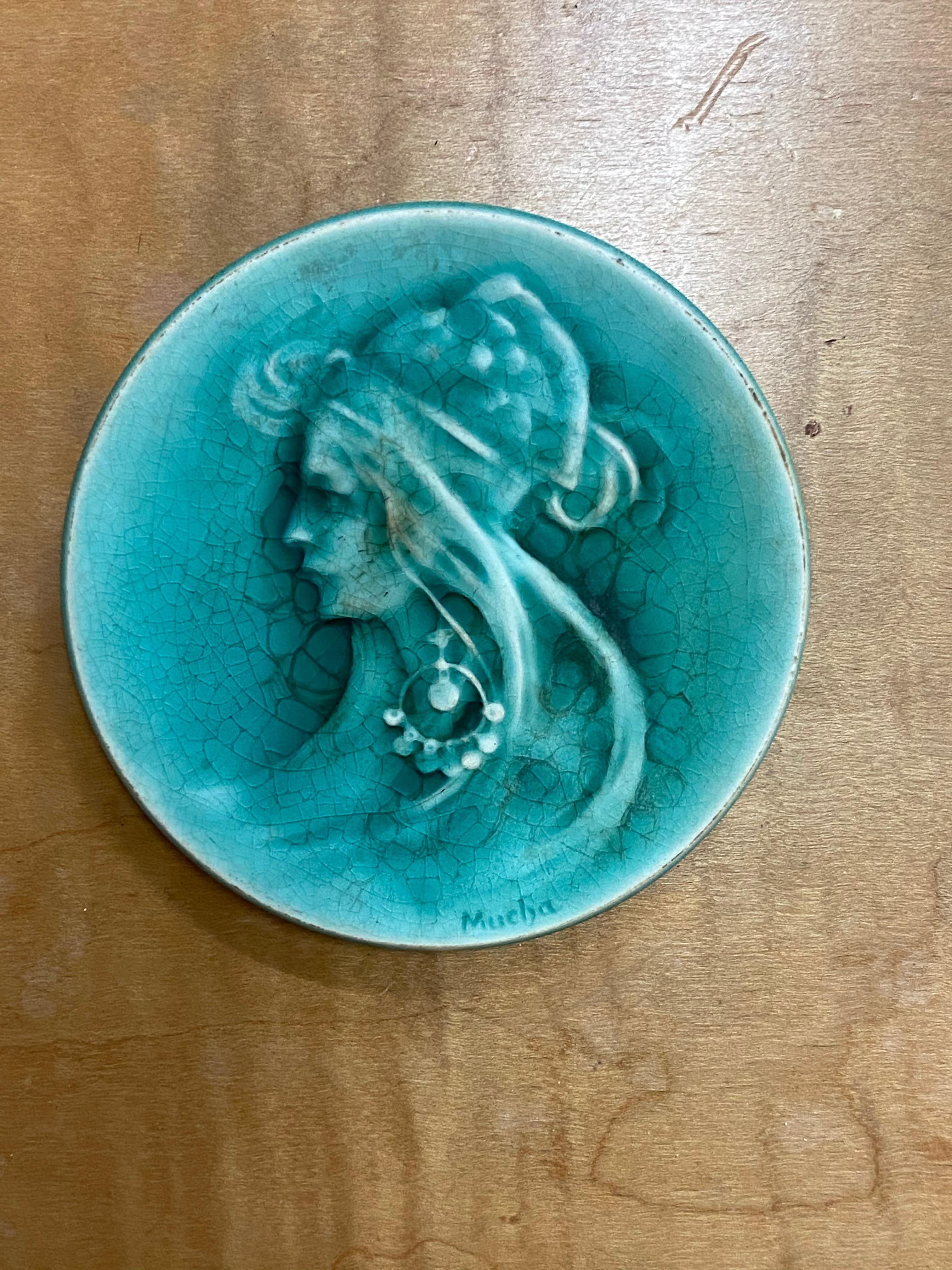 French Mucha, Art Nouveau Ceramic Representing Sarah Bernard, Signed 