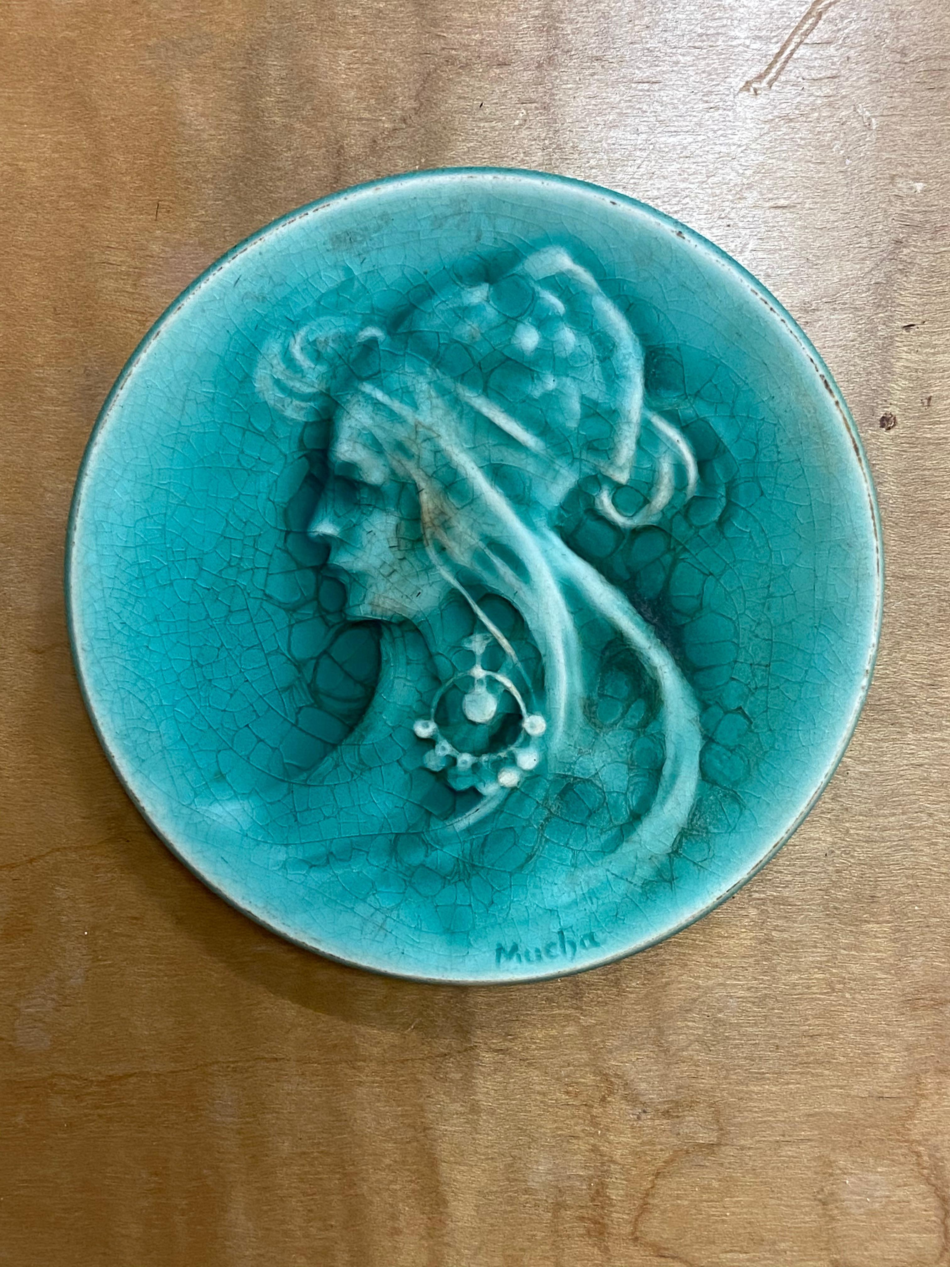 20th Century Mucha, Art Nouveau Ceramic Representing Sarah Bernard, Signed 