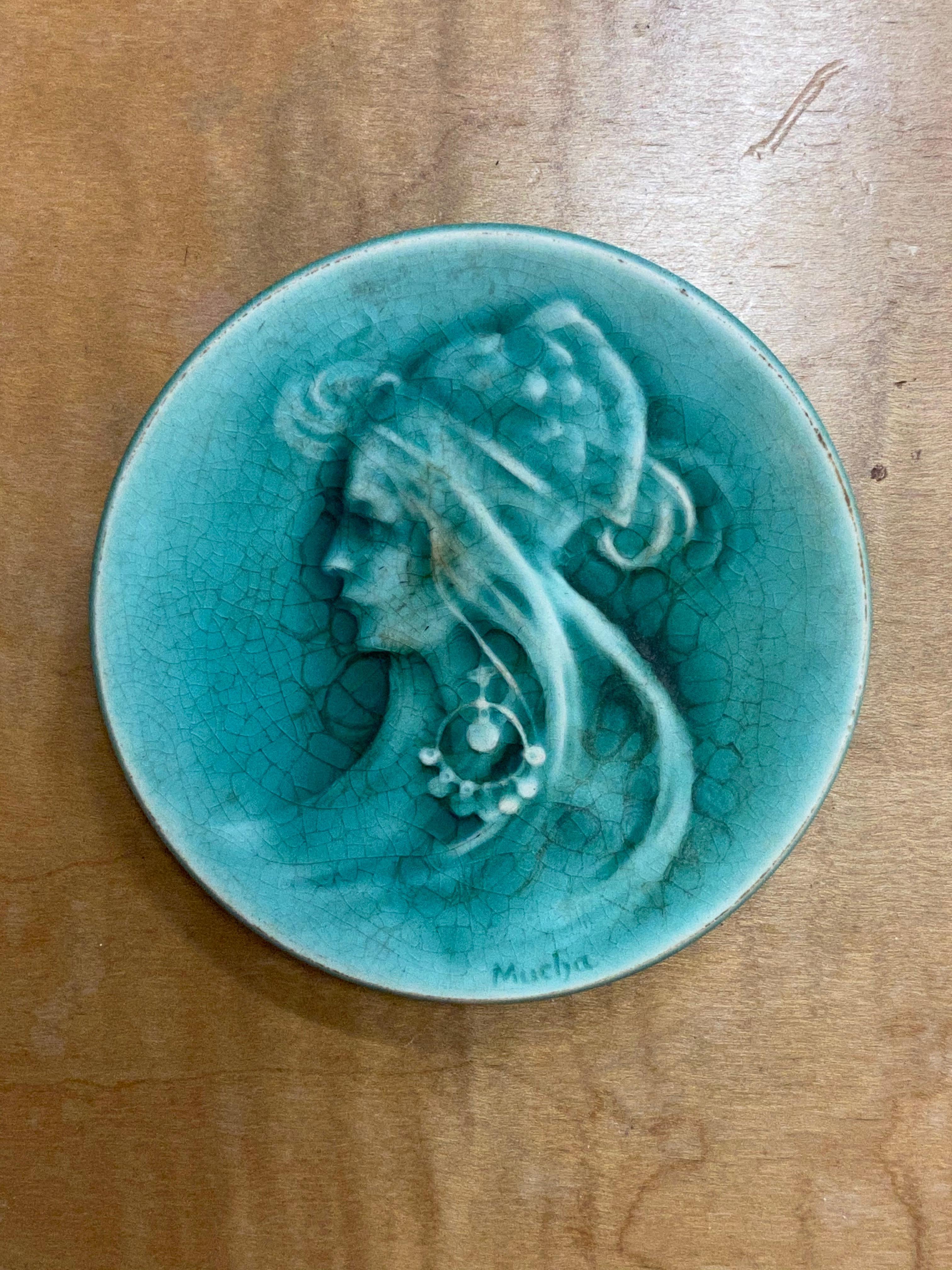 Mucha, Art Nouveau Ceramic Representing Sarah Bernard, Signed 