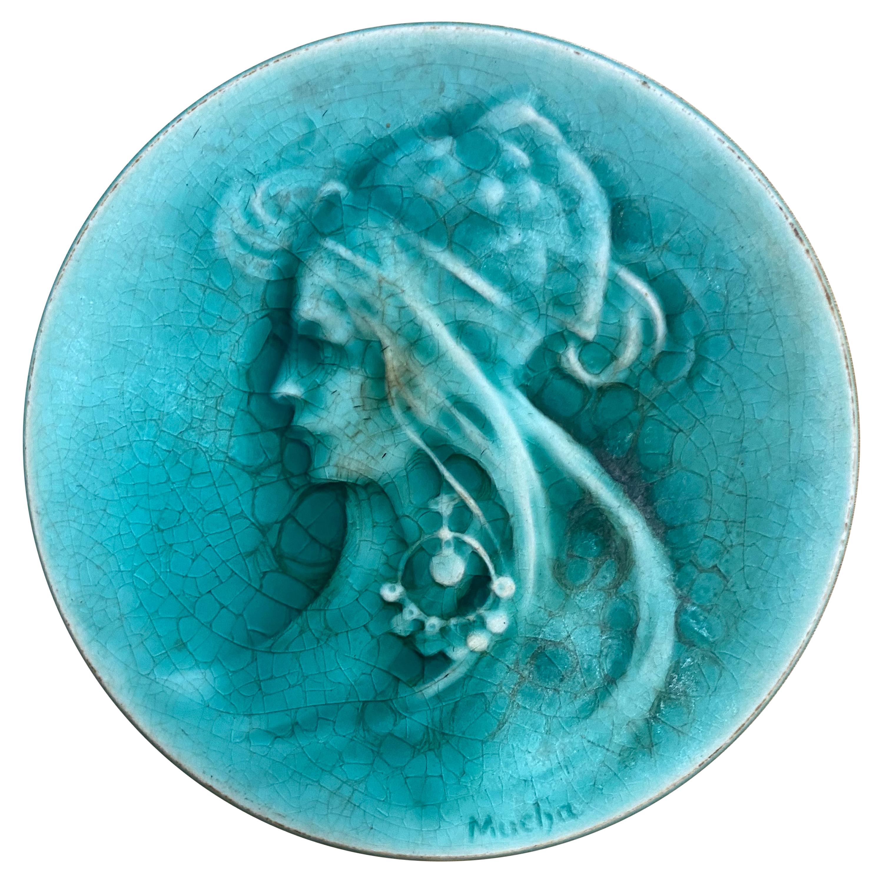 Mucha, Art Nouveau Ceramic Representing Sarah Bernard, Signed "MUCHA", 1900