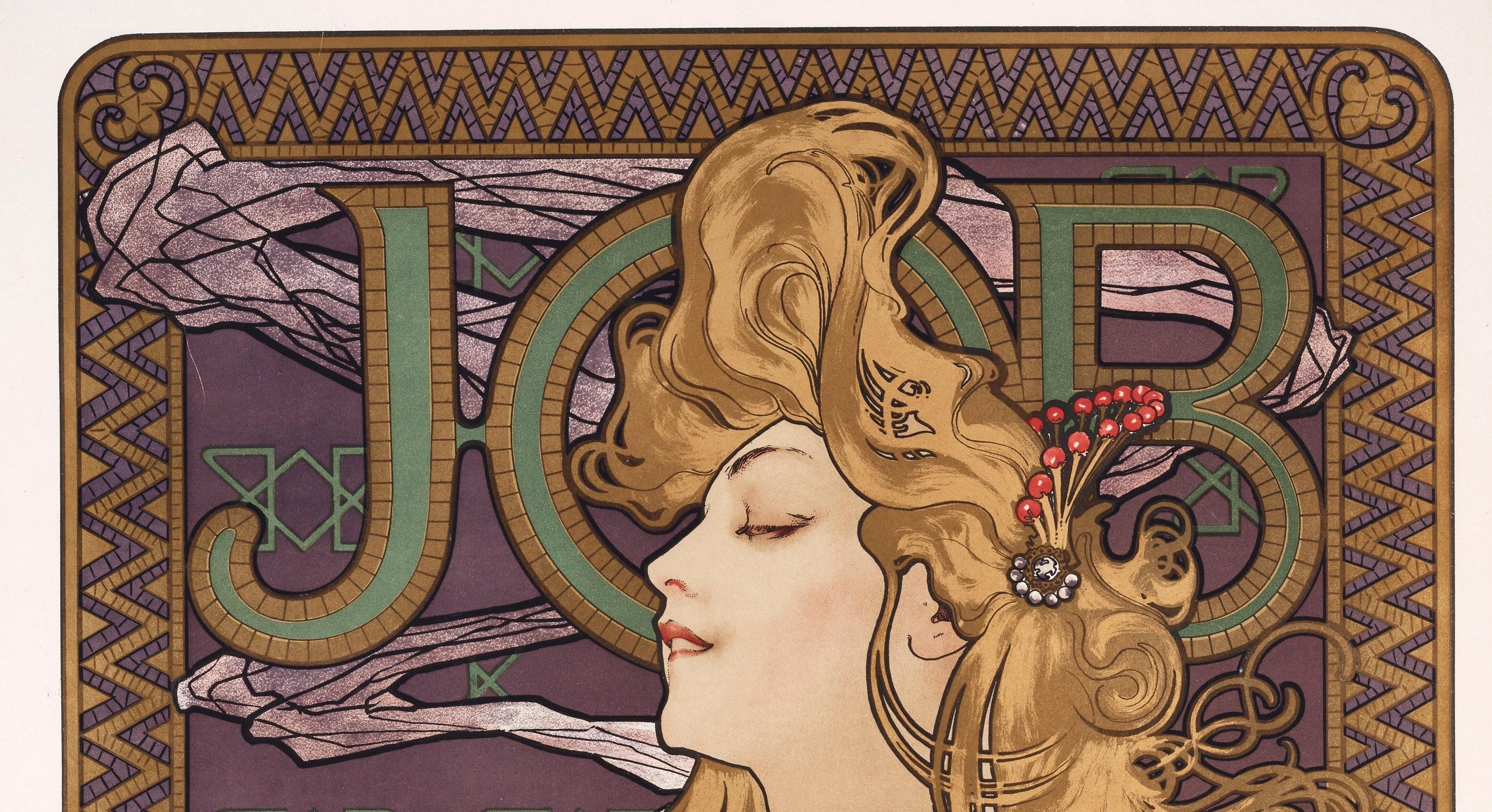 Original Art Nouveau Vintage Poster dating from 1896 by Alphonse Mucha for Job, Cigarette paper.

Artist: Alphonse Mucha (1860-1939)
Title: Job
Date: 1896
Size (w x h): 18.3 x 26.3 in / 46.4 x 66.7 cm
Printer: F. Champenois, Paris.
Materials