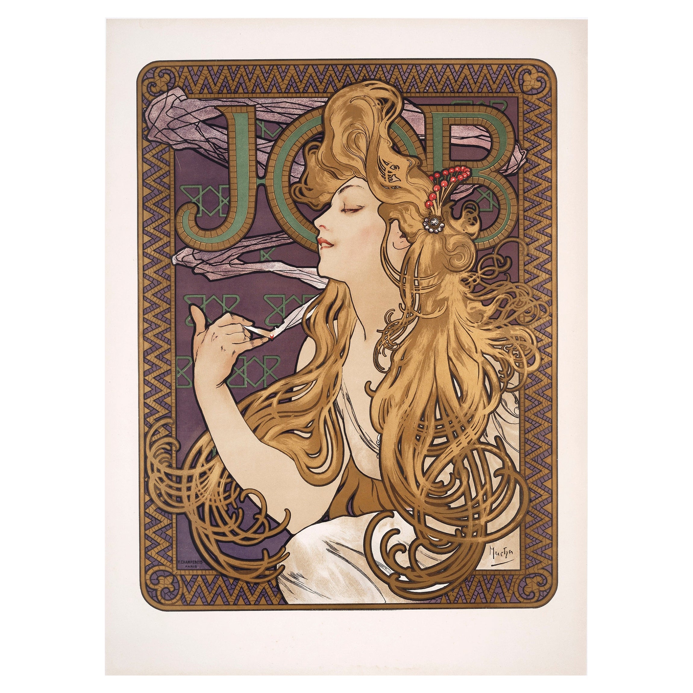 Mucha, Job, affiche originale Art Nouveau Belle Epoque, papier cigarette doré, 1896