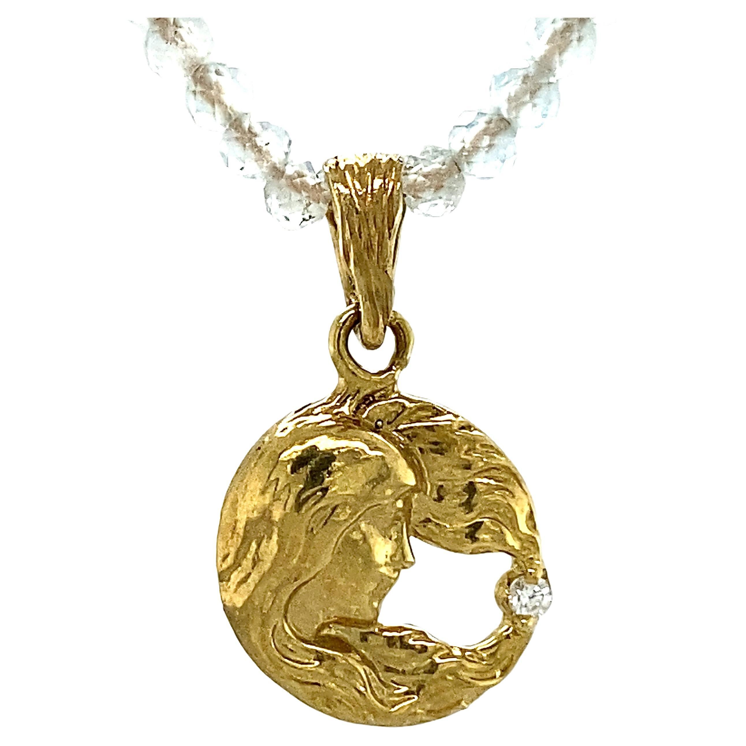 "Mucha Mermaid II" Bijou Médaille in 18K Gold & Diamond on Aquamarine Necklace