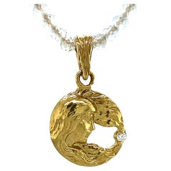 Antique "Mucha Mermaid II" Bijou Médaille in 18K Gold & Diamond on Aquamarine Necklace