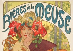 Mucha, Cartel Art Nouveau original, Biere de la Meuse, Pavot, Orge Houblon, 1897
