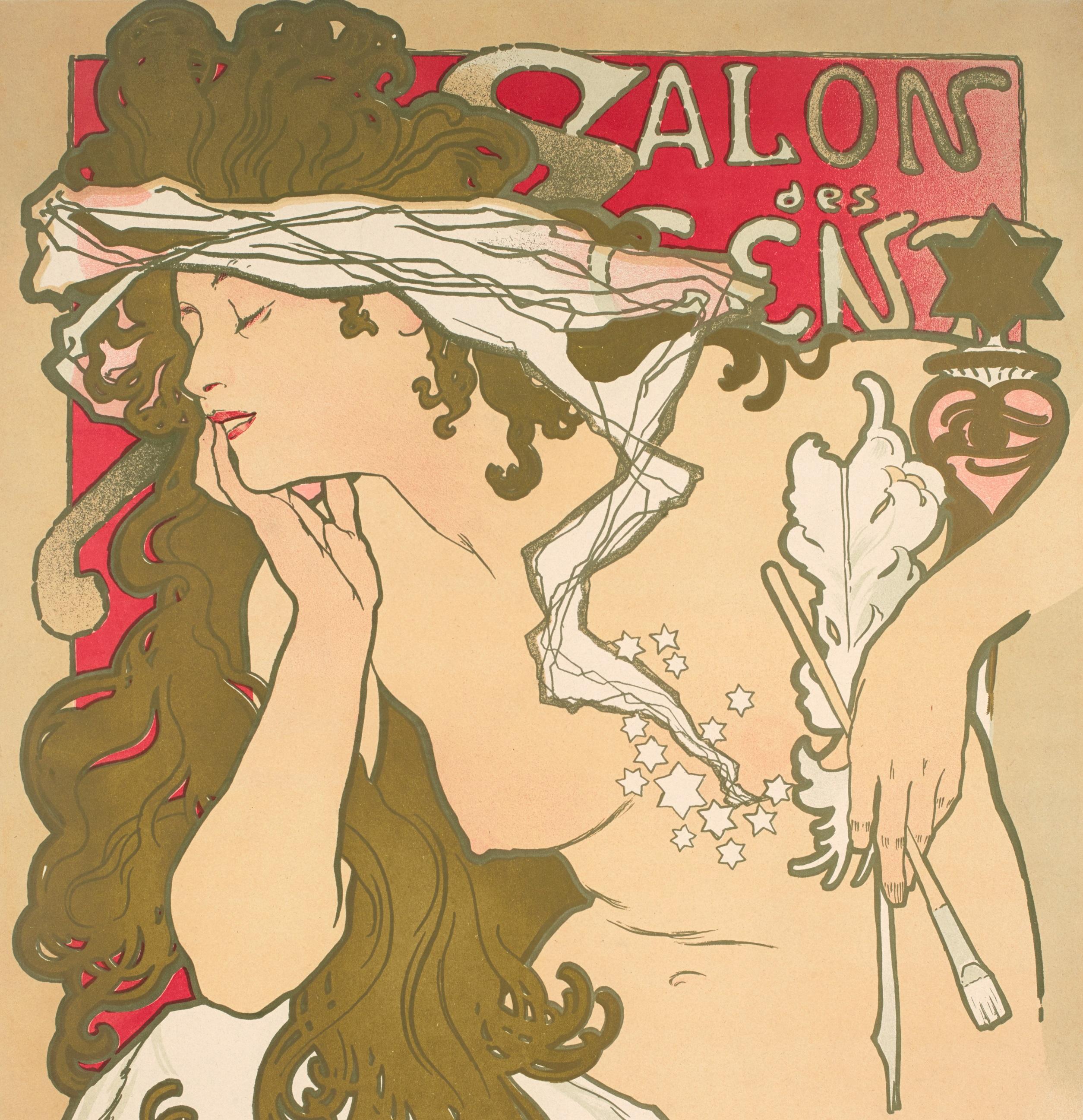 Affiche originale Art Nouveau Vintage datant de 1896 par Alphonse Mucha.

Affiche pour la 20e édition du Salon des Cent en mars-avril 1896.

Le Salon des Cent (également appelé 