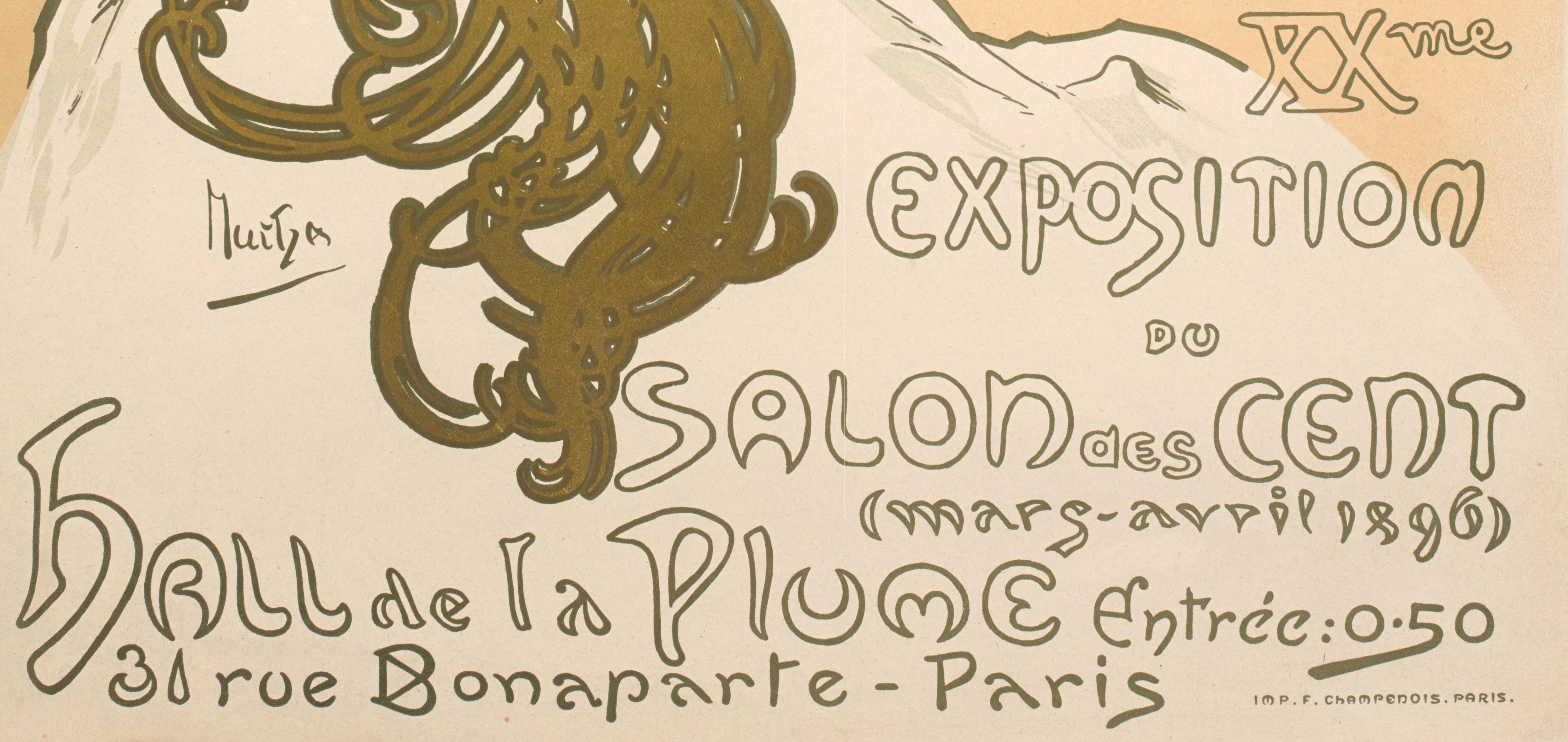 Papier Affiche rétro originale Mucha, Salon des Cents, Art nouveau Belle Époque, 1896 en vente