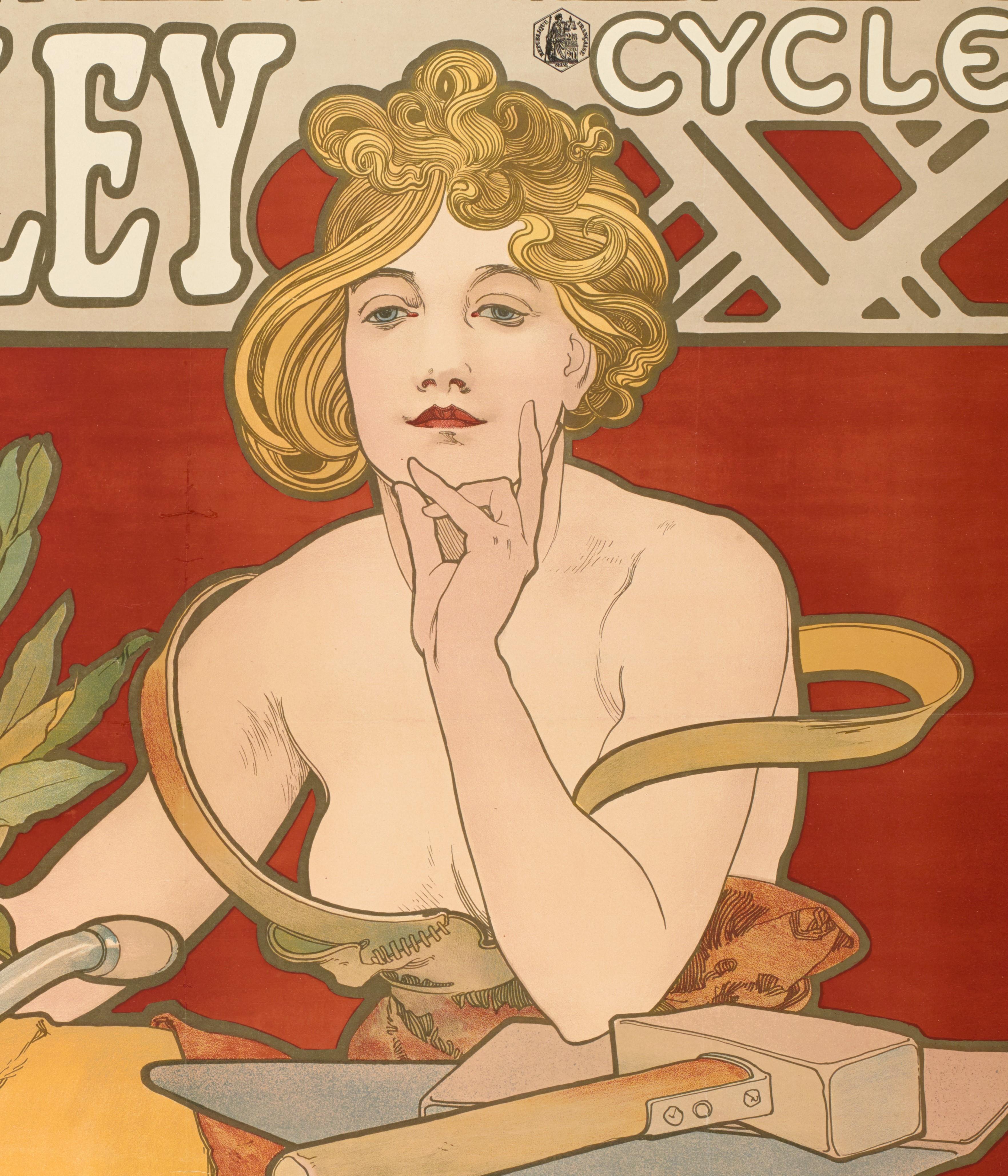 19th Century Mucha, Waverley Cycles, Original Art Nouveau Belle Epoque Vintage Poster, 1898 For Sale