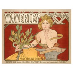 Mucha, Waverley Cycles, Original Art Nouveau Belle Epoque Antique Poster, 1898