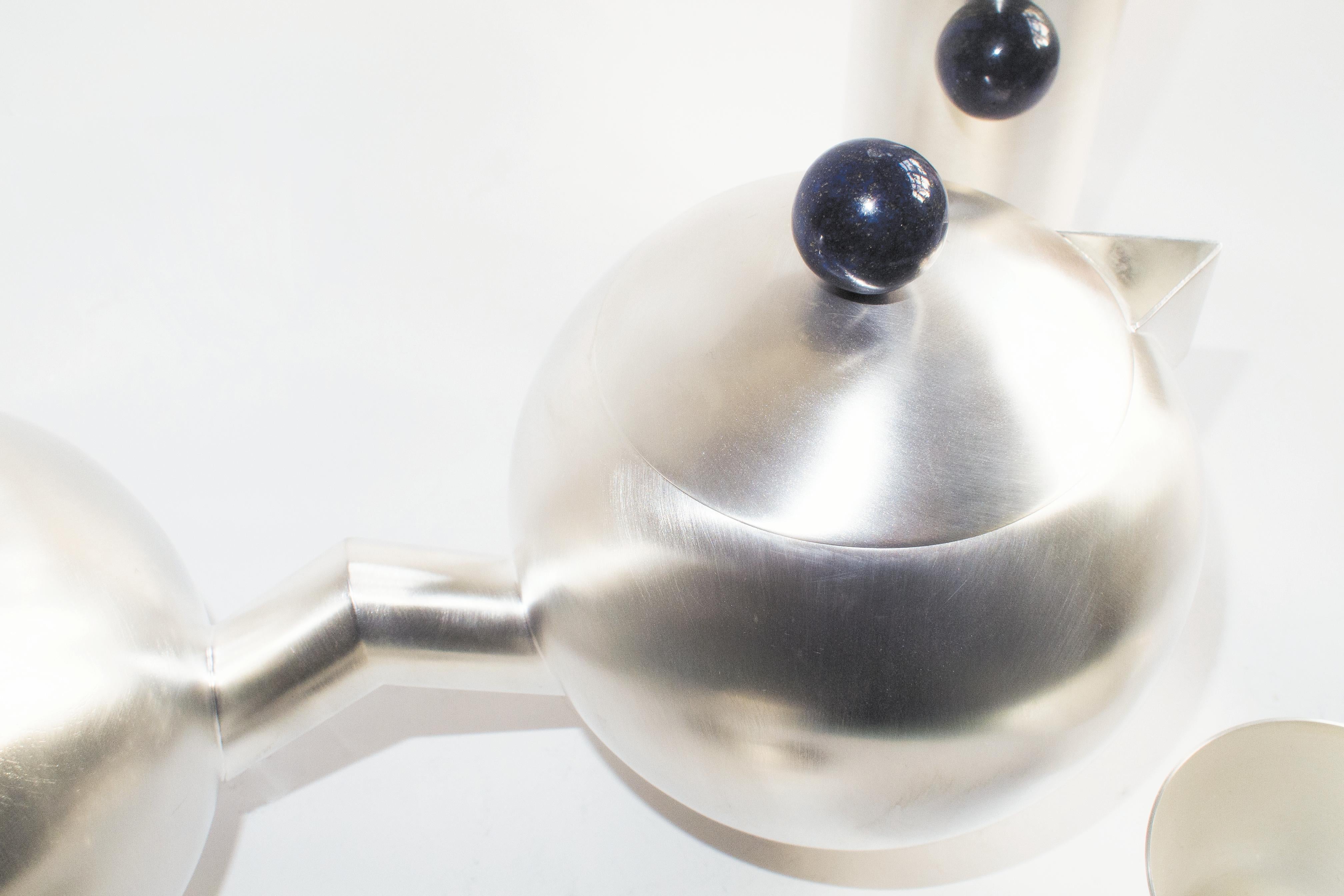 Modern Contemporary Silver Plated Teapot Stone Handles Handcrafted Italy Natalia Criado For Sale