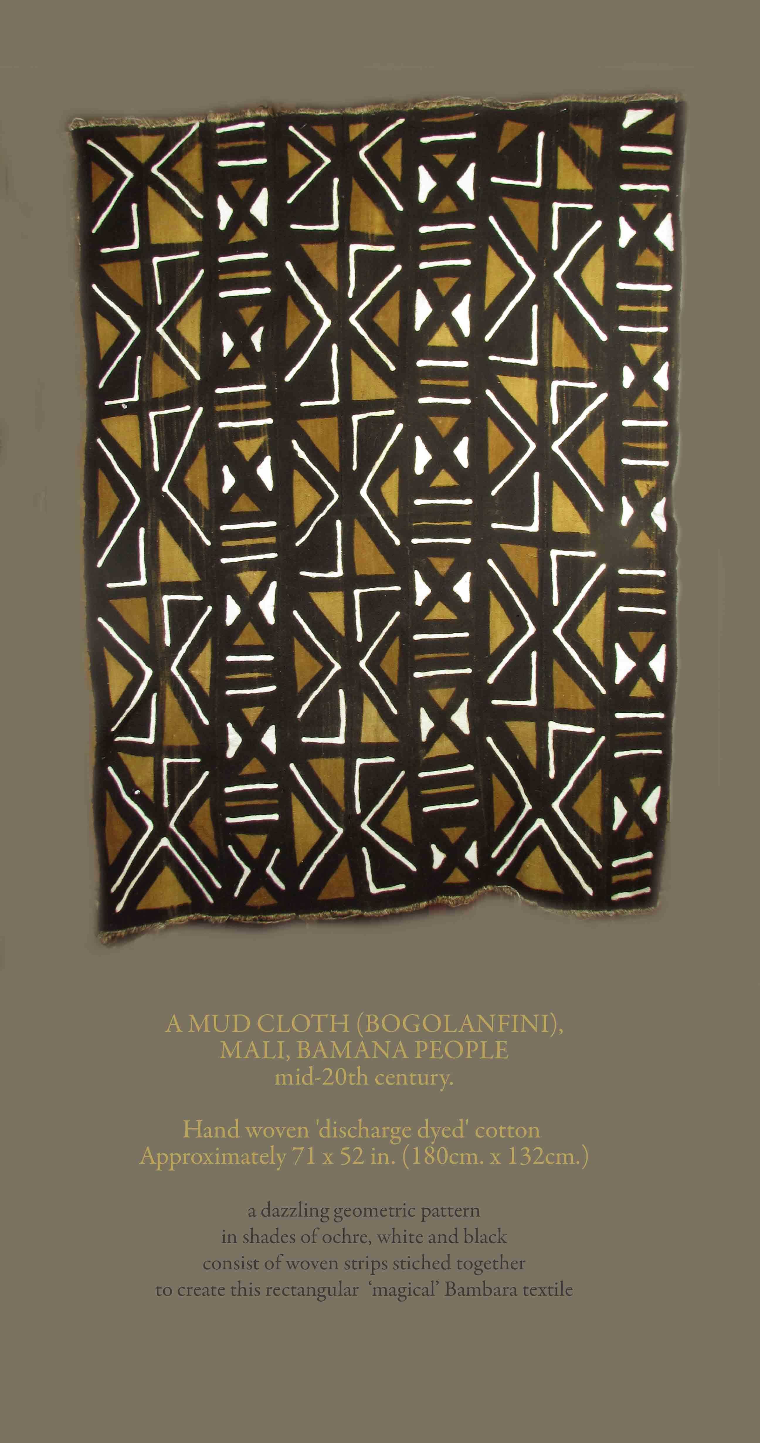 A mud cloth (Bogolanfini),
Mali, Bamana People
mid-20th century.

Hand woven 'discharge dyed' cotton 
Approximately 71 x 52 in. (180cm. x 132cm.)

A dazzling geometric pattern
in shades of ochre, white and black
consist of woven strips