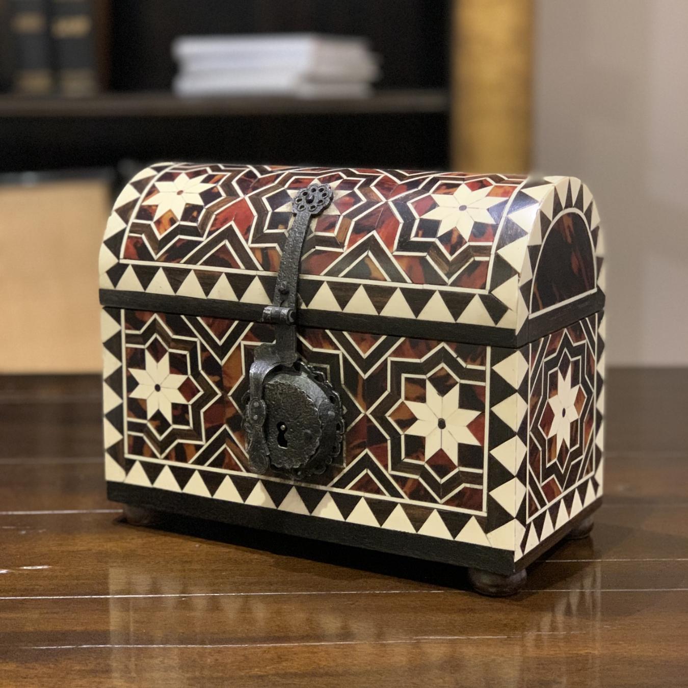 Mexican Mudejar Small Coffer with Bone Inlays, Faux Tortoiseshell and an Iron Hardware For Sale