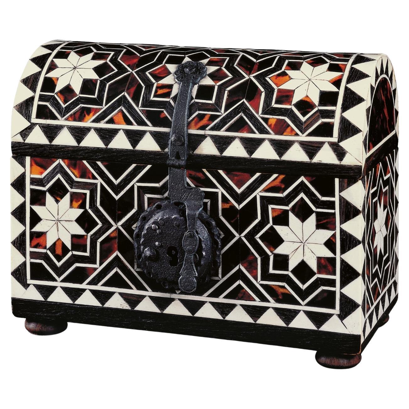 Mudejar Small Coffer with Bone Inlays, Faux Tortoiseshell and an Iron Hardware For Sale
