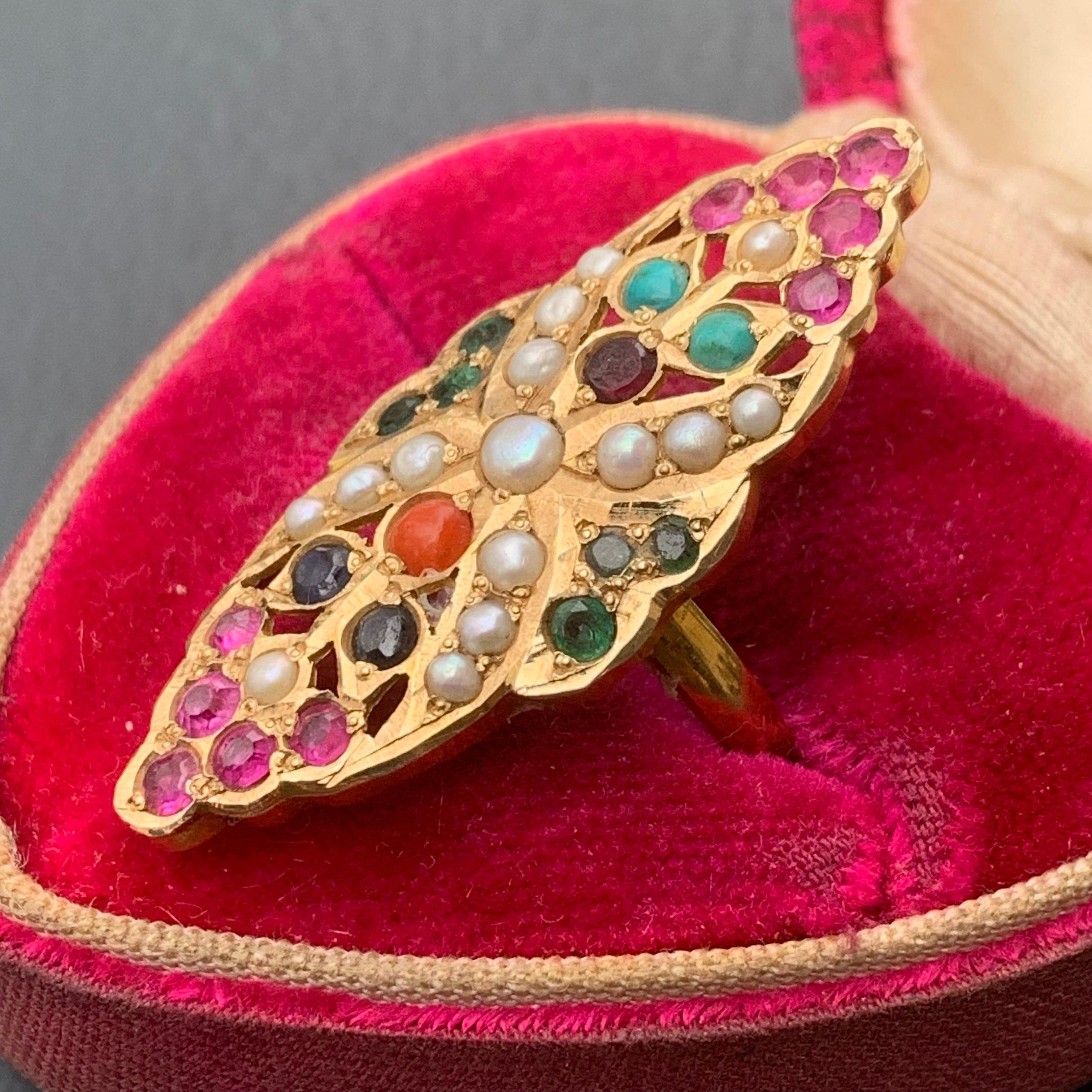 Absolutely stunning vintage handmade 15kt solid gold with gemstone ( turquoise , emeralds , sapphire ,coral ), cultured pearl  cocktail/dinner ring . Ring is handmade in northern part of India most likely Punjab .
Could have been part of wedding