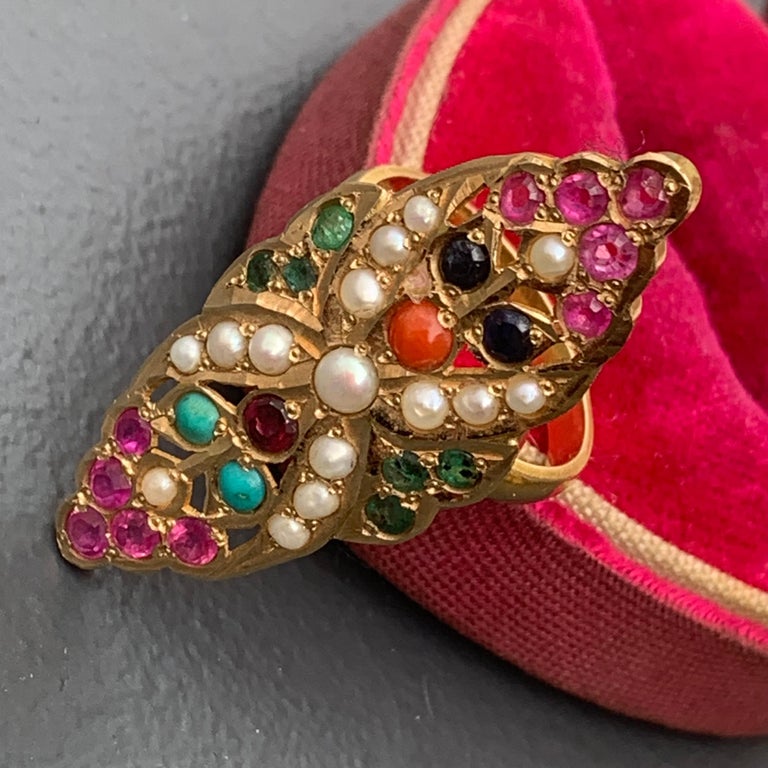 Mughal 15 Karat Gold Gemstones Pearl Cocktail Ring For Sale at 1stDibs