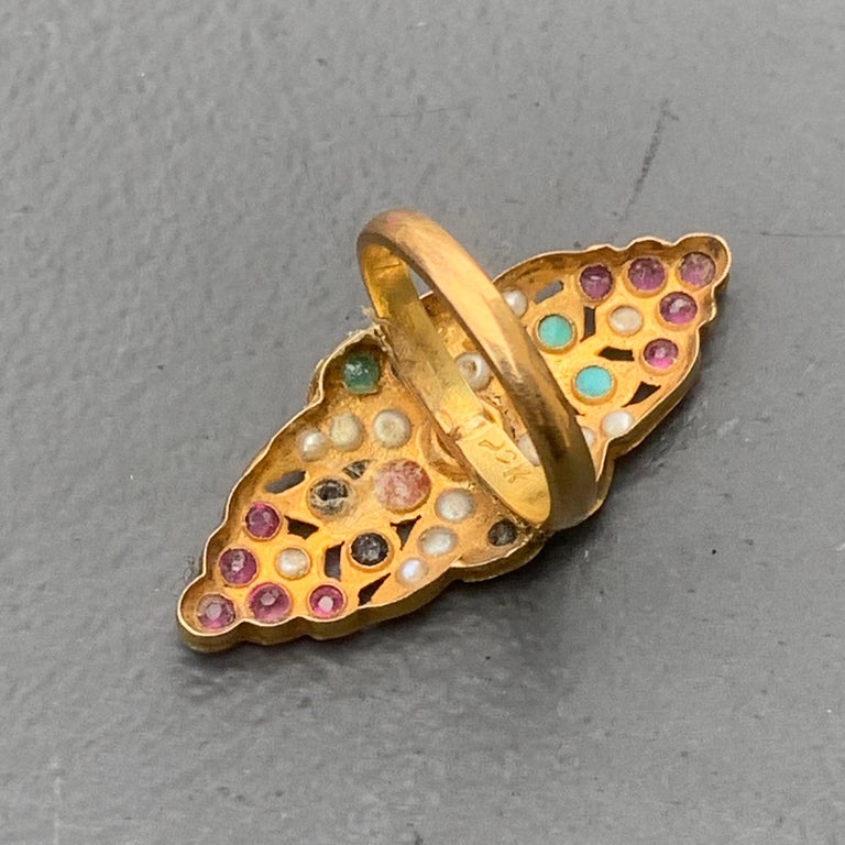 Mughal 15 Karat Gold Gemstones Pearl Cocktail Ring For Sale at 1stDibs
