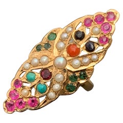 Vintage Mughal 15 Karat Gold Gemstones Pearl Cocktail Ring