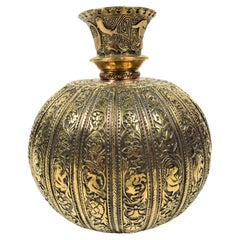 Vintage Mughal Brass Engraved Hookah Base, 20th Century