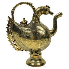 Mughal Brass Engraved Peacock Ewer, Late 19th Century