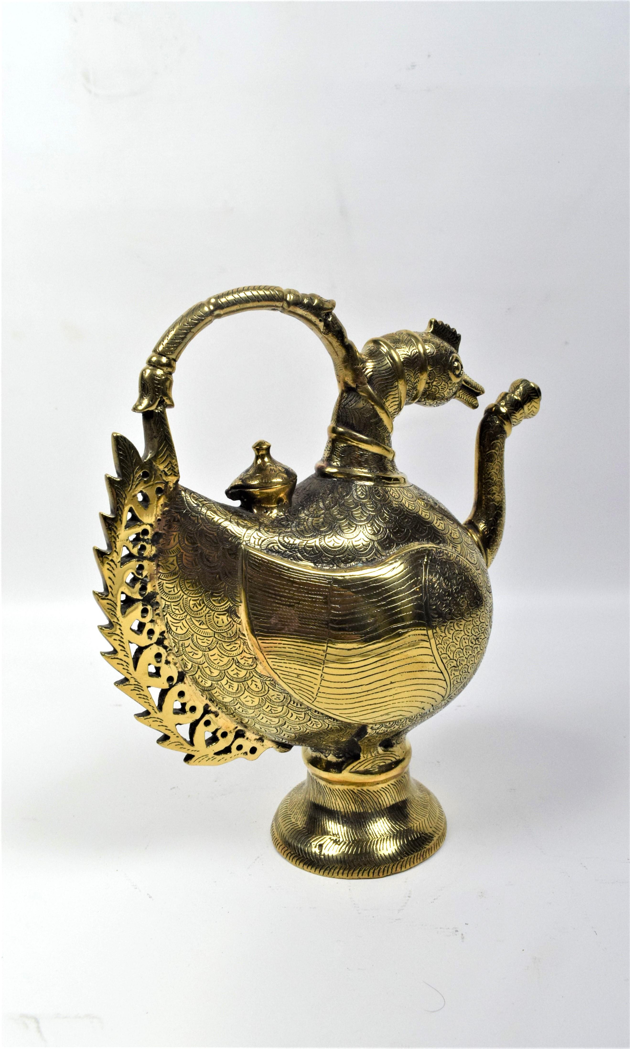 Anglo Raj Mughal Brass Peacock Engraved Ewer, Late 19th Century For Sale