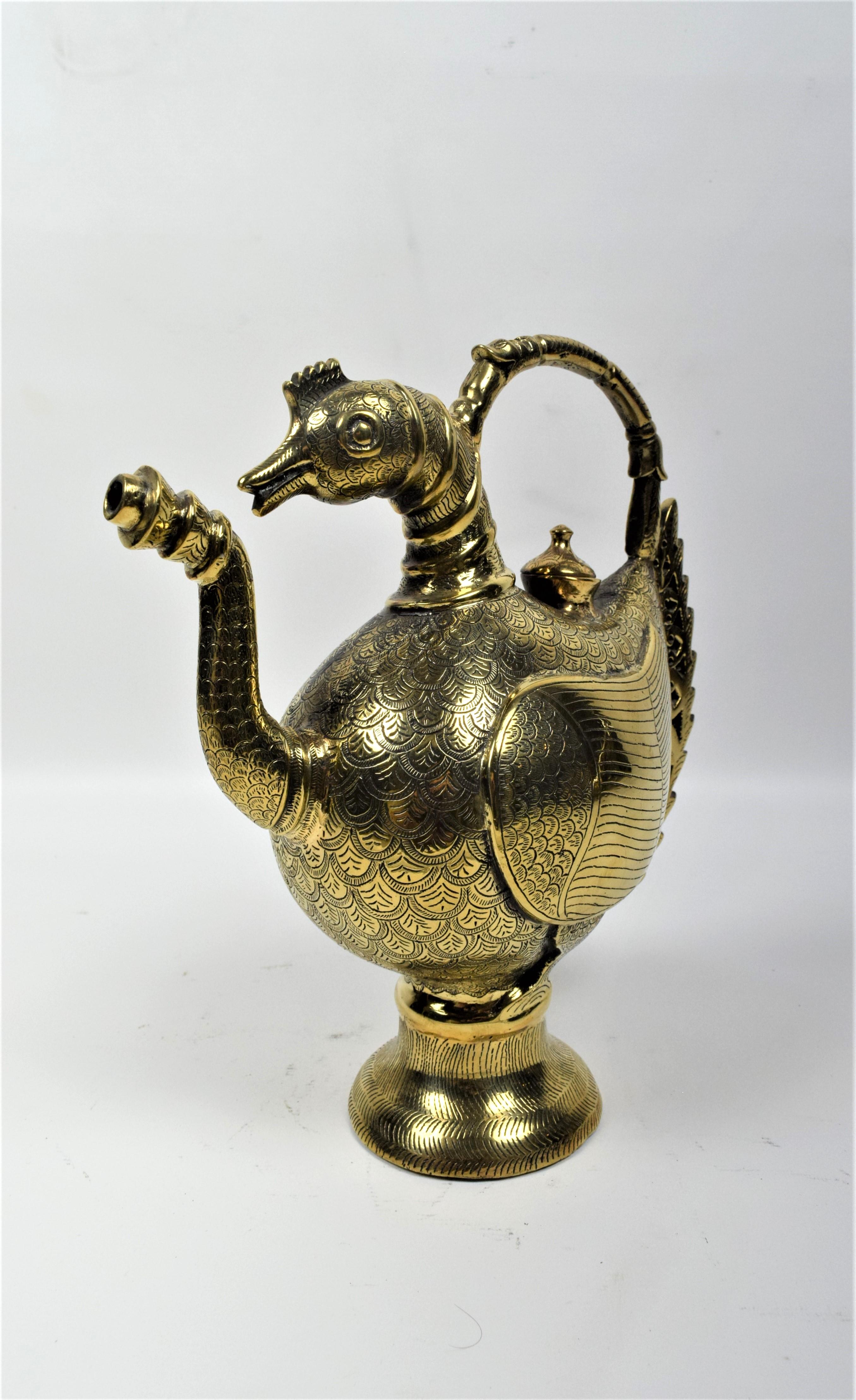 Indian Mughal Brass Peacock Engraved Ewer, Late 19th Century For Sale