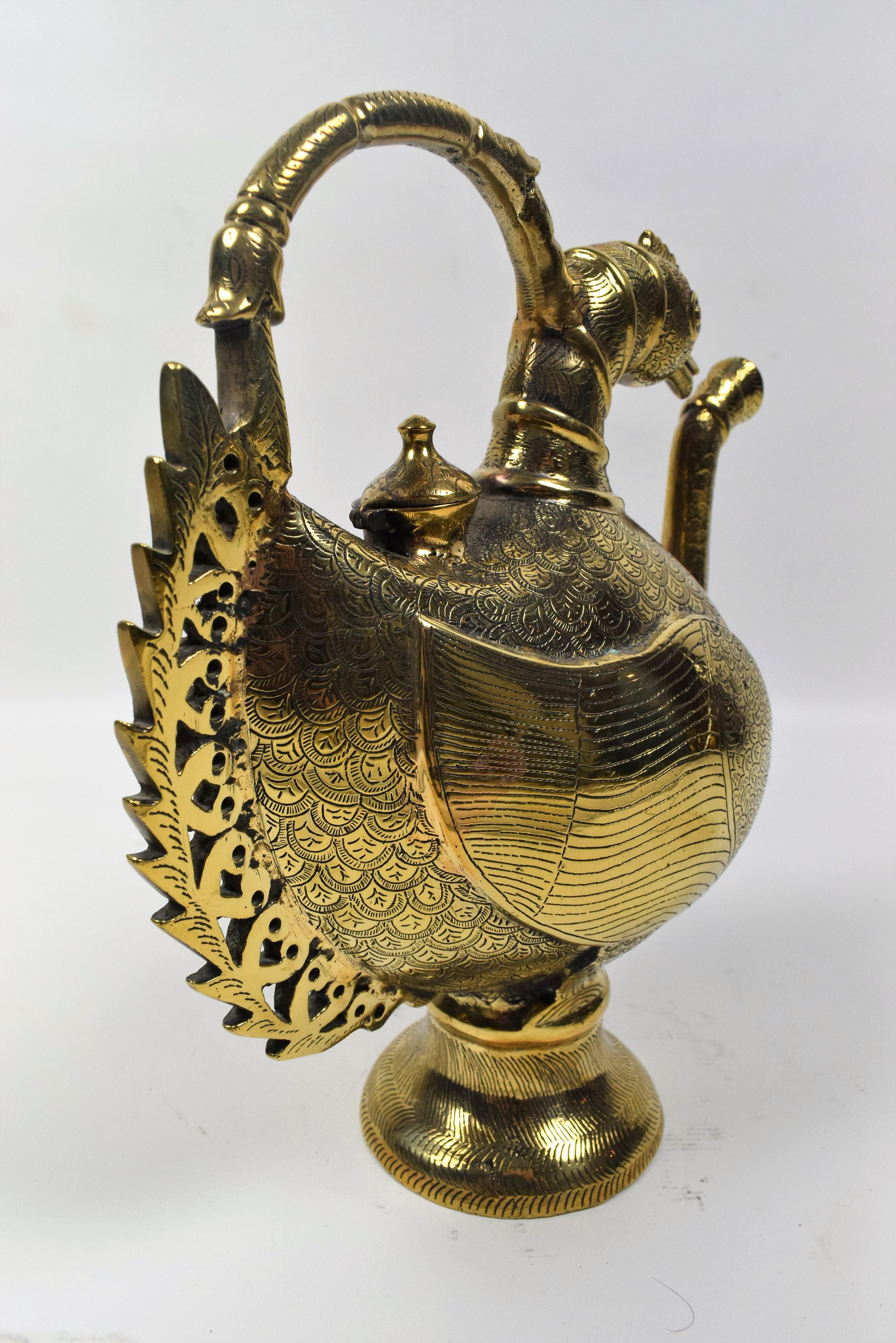 Cast Mughal Brass Peacock Engraved Ewer, Late 19th Century For Sale