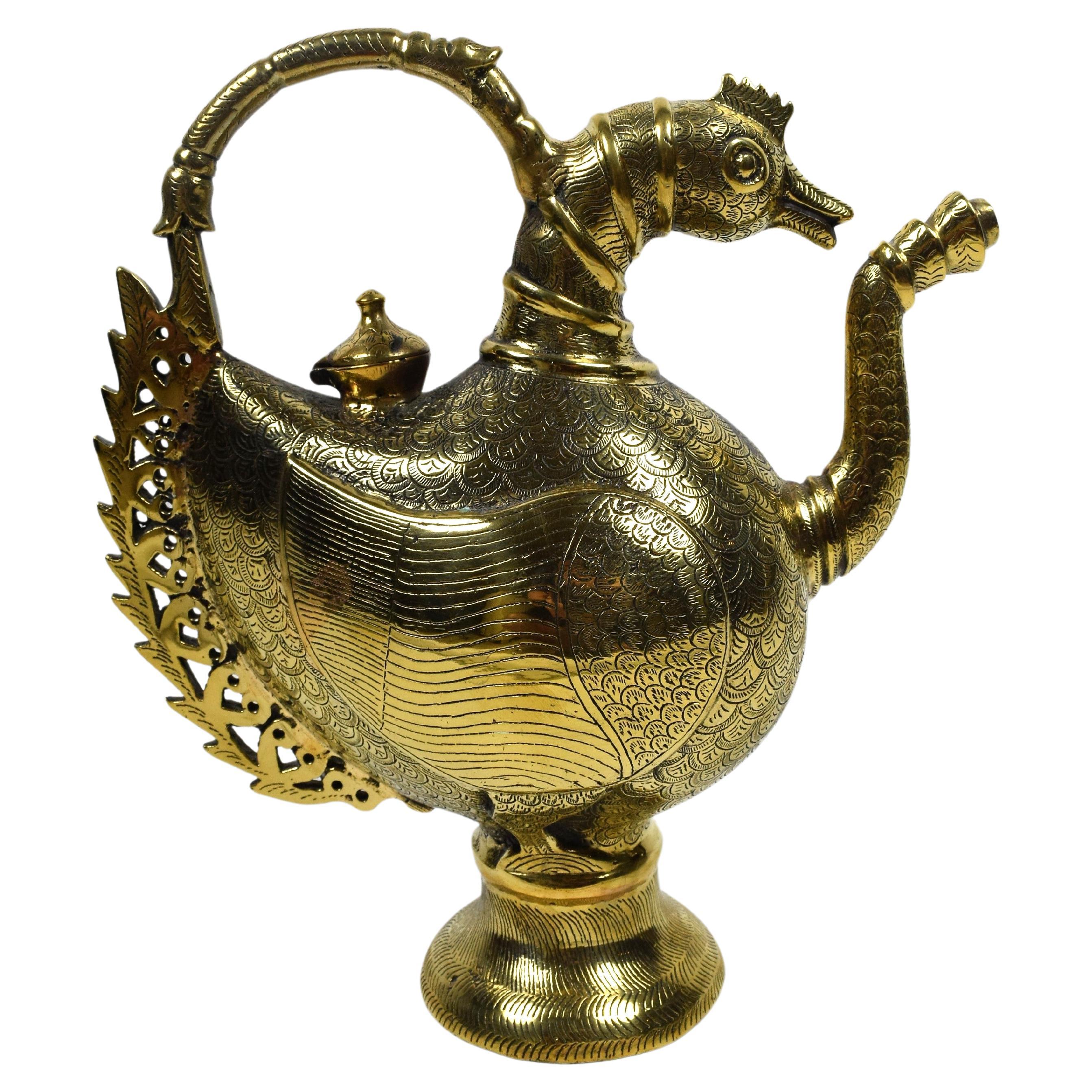 Mughal Brass Peacock Engraved Ewer, Late 19th Century For Sale