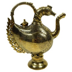 Antique Mughal Brass Peacock Engraved Ewer, Late 19th Century